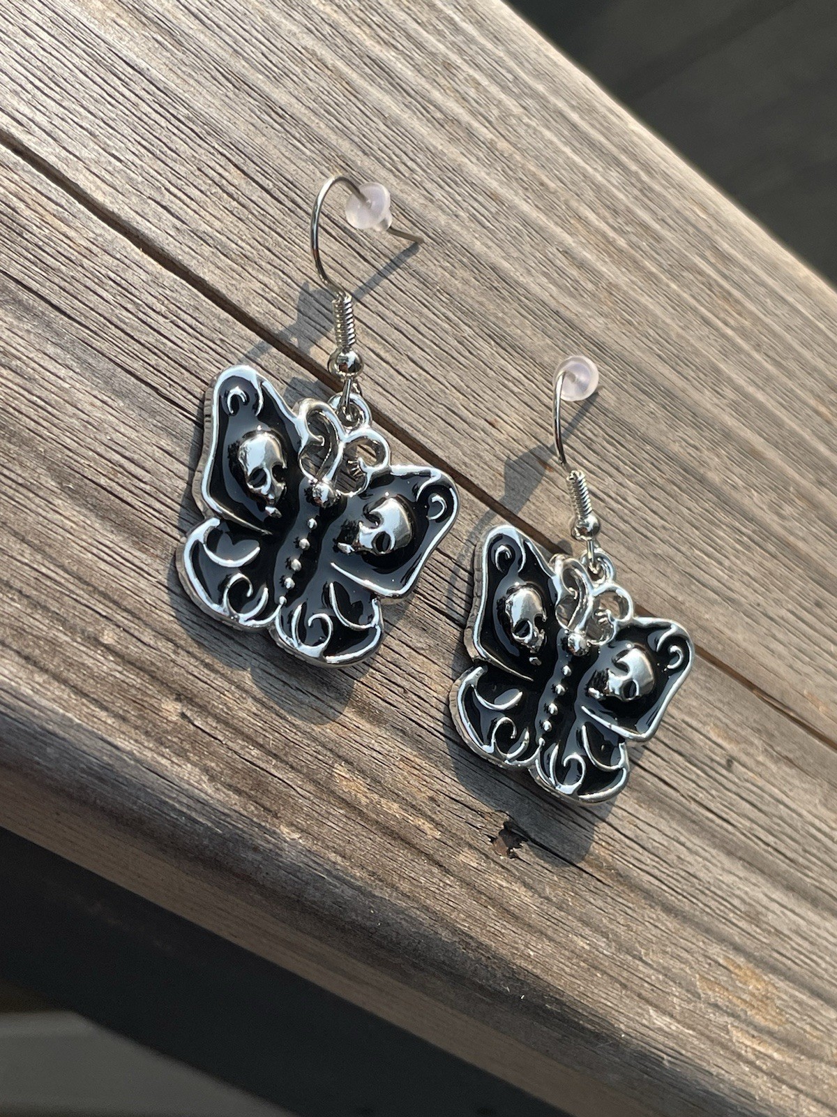 Black And Silver Tone Gothic Metal Butterfly Dangle Drop Hook Earrings No Stone