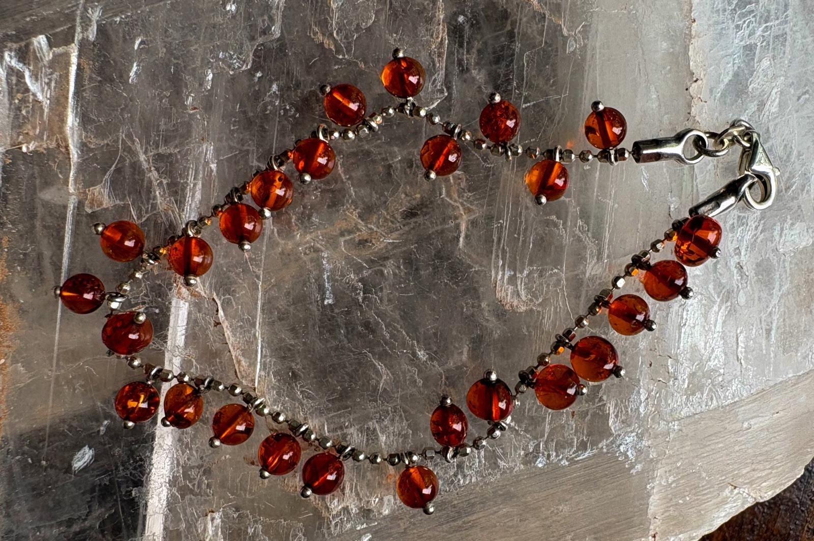 925 Sterling Silver Orange Amber Bead Chain Bracelet Lobster Clasp Dangle Charm