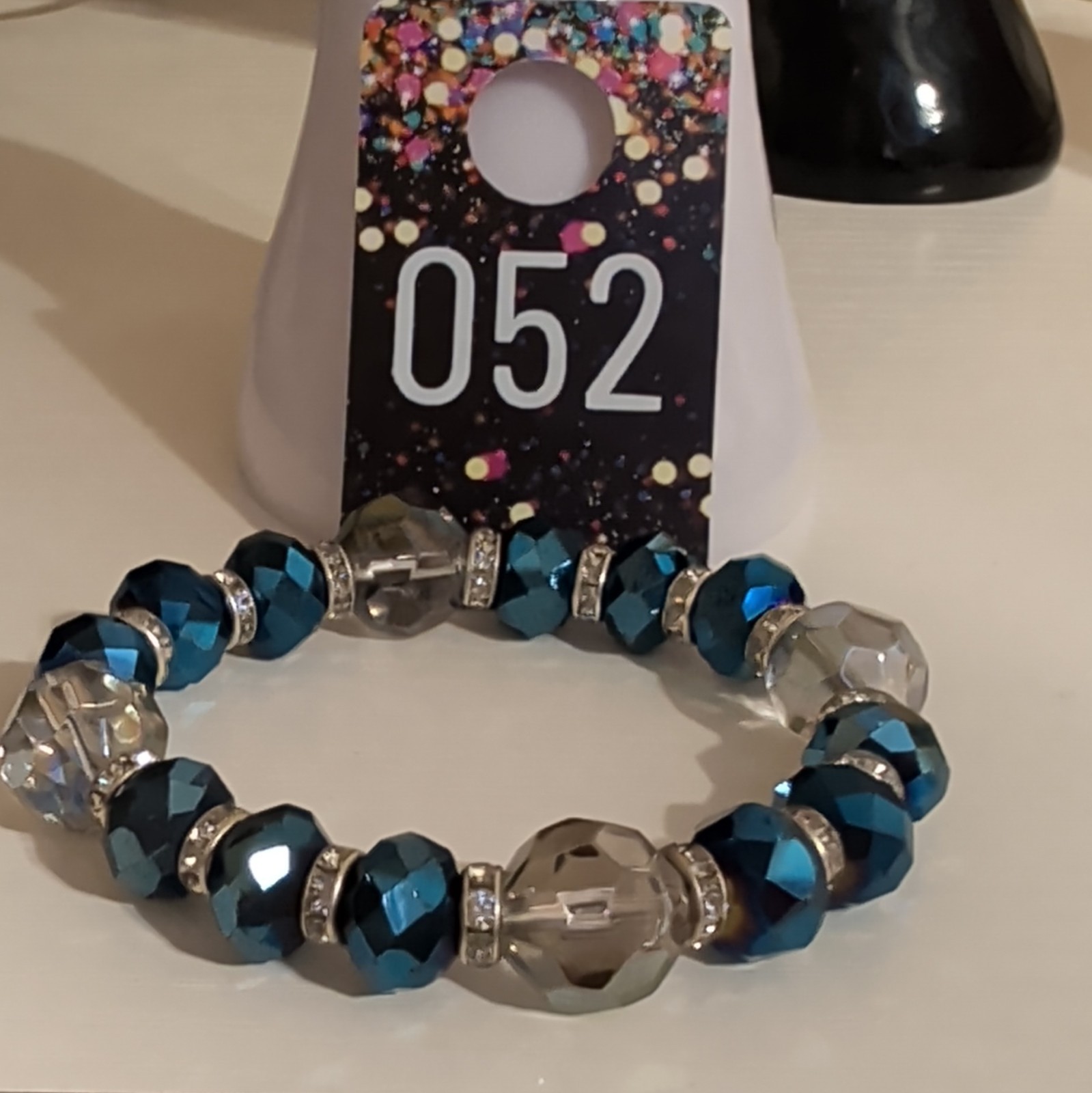 Blue & Clear Round Crystal Beaded Stretch Bracelet w/ Rhinestone Spacers