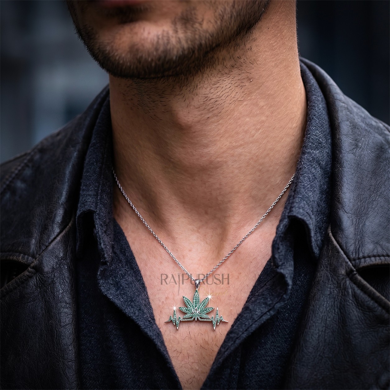 Heartbeat Leaf Pendant – Green Emerald Round Diamond in 925 Sterling Silver