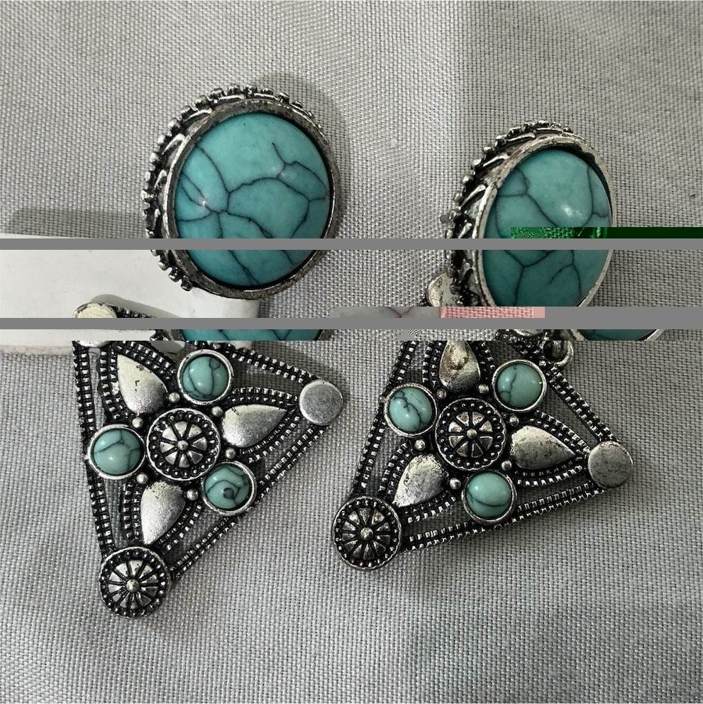 Silver Tone Blue Turquoise Triangle Dangle Drop Earrings for Lobe