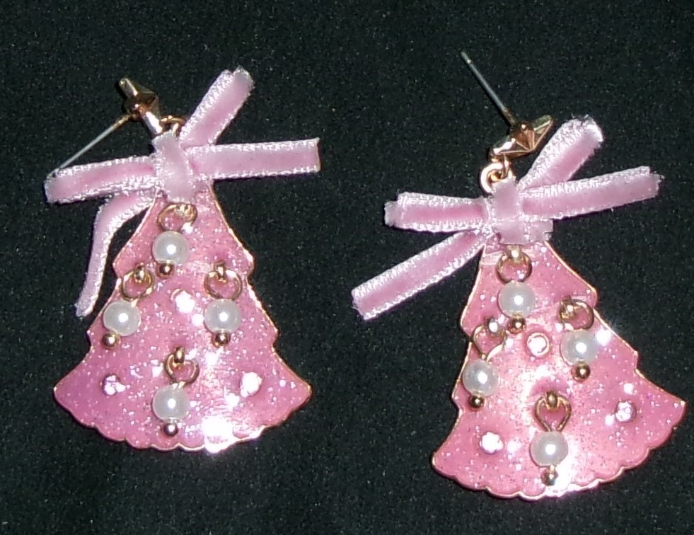 Pink Christmas Tree Earrings Pink Glittery Enamel Faux Pearls Stones NEW
