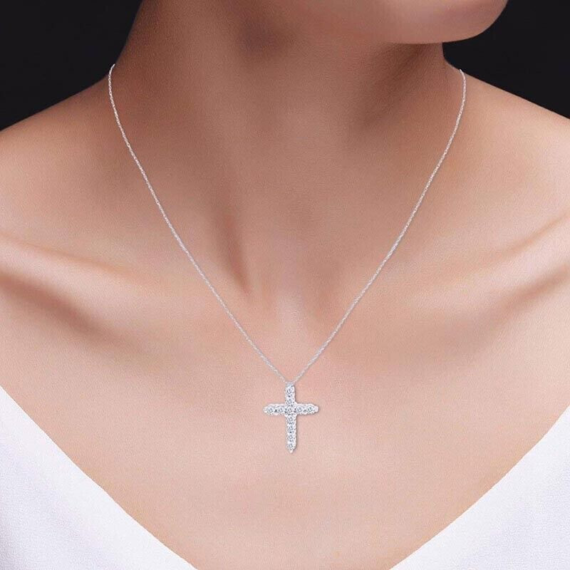Cross Pendant 18″ Necklace Simulated Diamond in 925 Sterling Silver