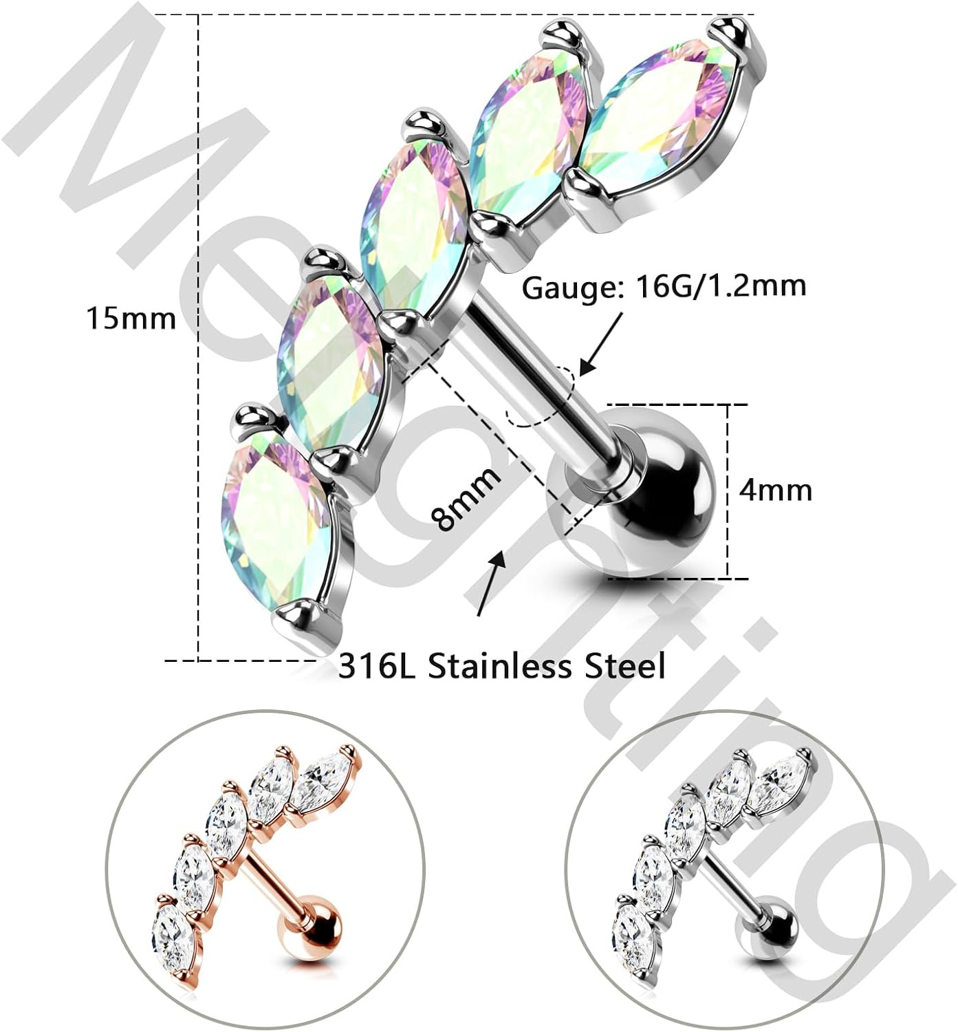 16G Helix Earrings Upper Ear Cartilage Earrings Stainless Steel 316L Tragus Pier