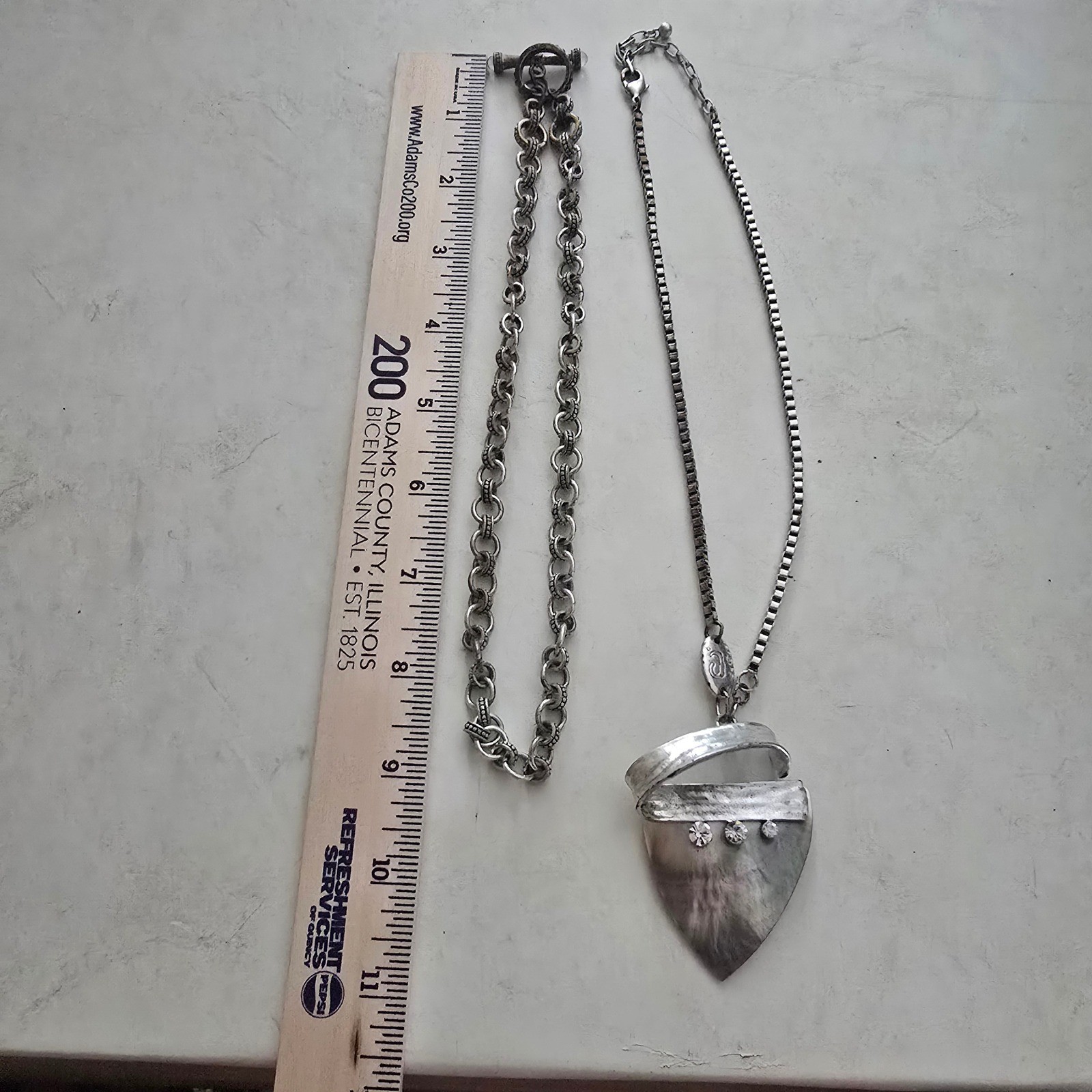 Silver Tone Statement Necklace Lot Mother of Pearl Pendant & Chunky Link Chain