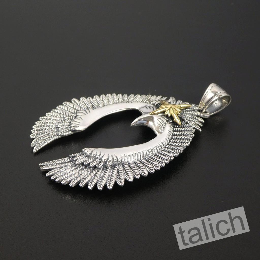 925 Sterling Silver Detailed Open Wing Eagle Pendant with Brass Star Two Sizes