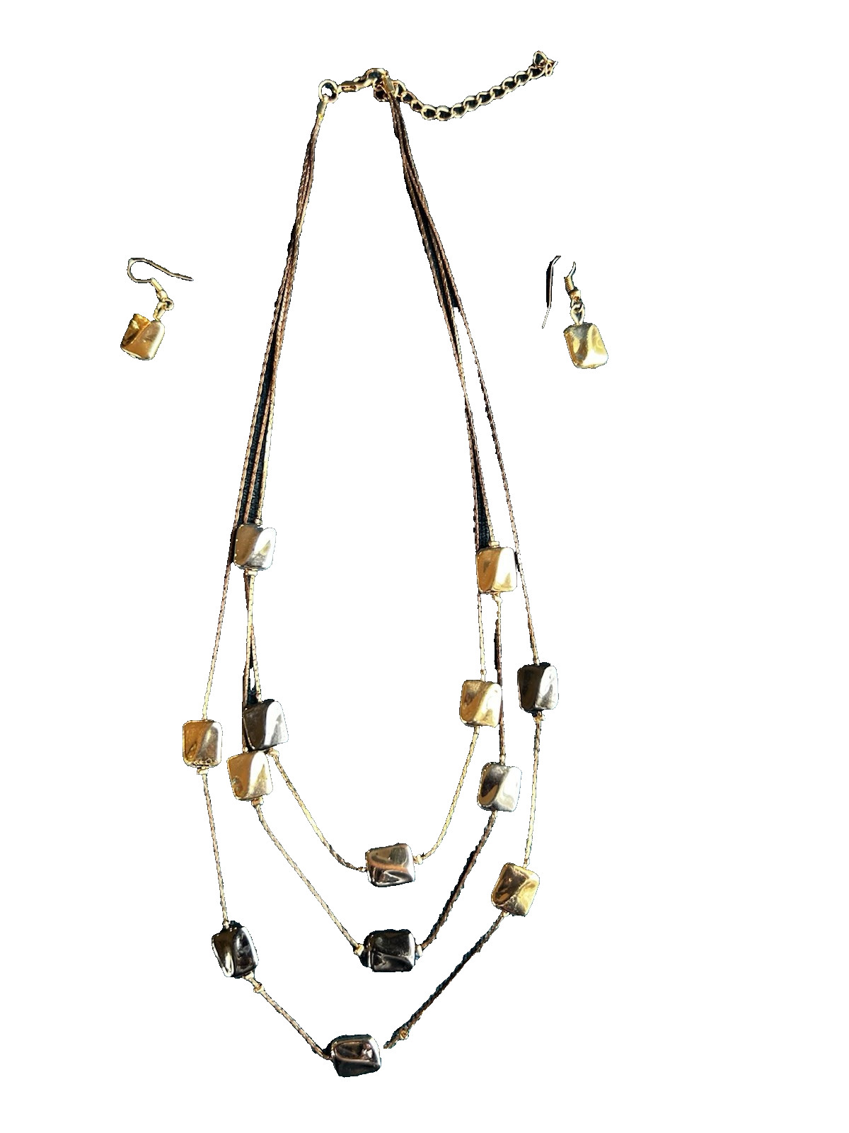 Multi-Layered Chain Necklace 10 in. w Metallic Accents & Earrings