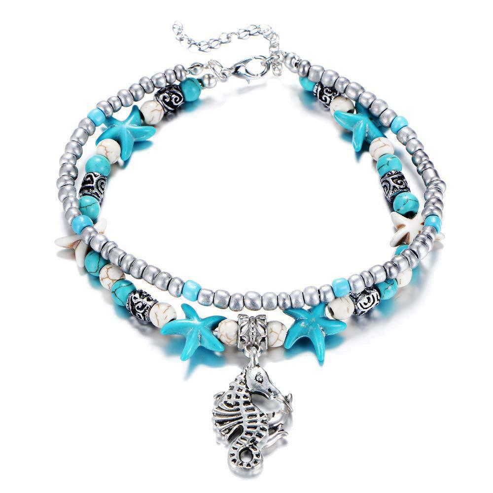 Bohemian Vintage Handmade Dolphins Shell Beads Multi Layer Anklet or Bracelet