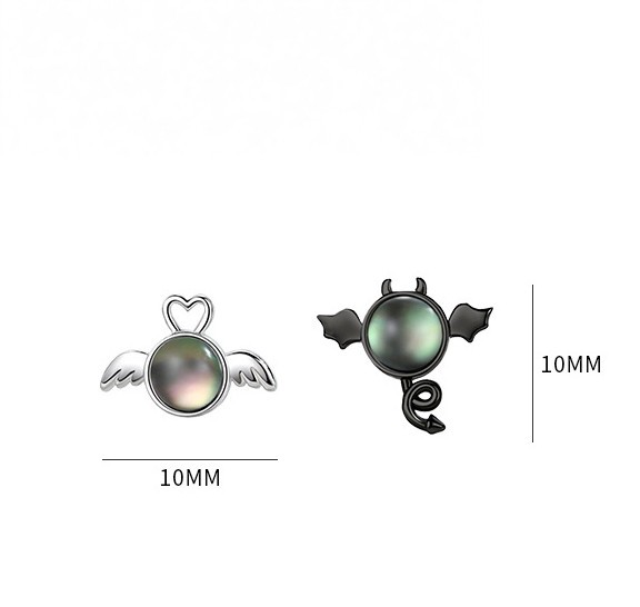 Asymmetrical White Angel & Black Devil 925 Sterling Silver Mini Stud Earrings