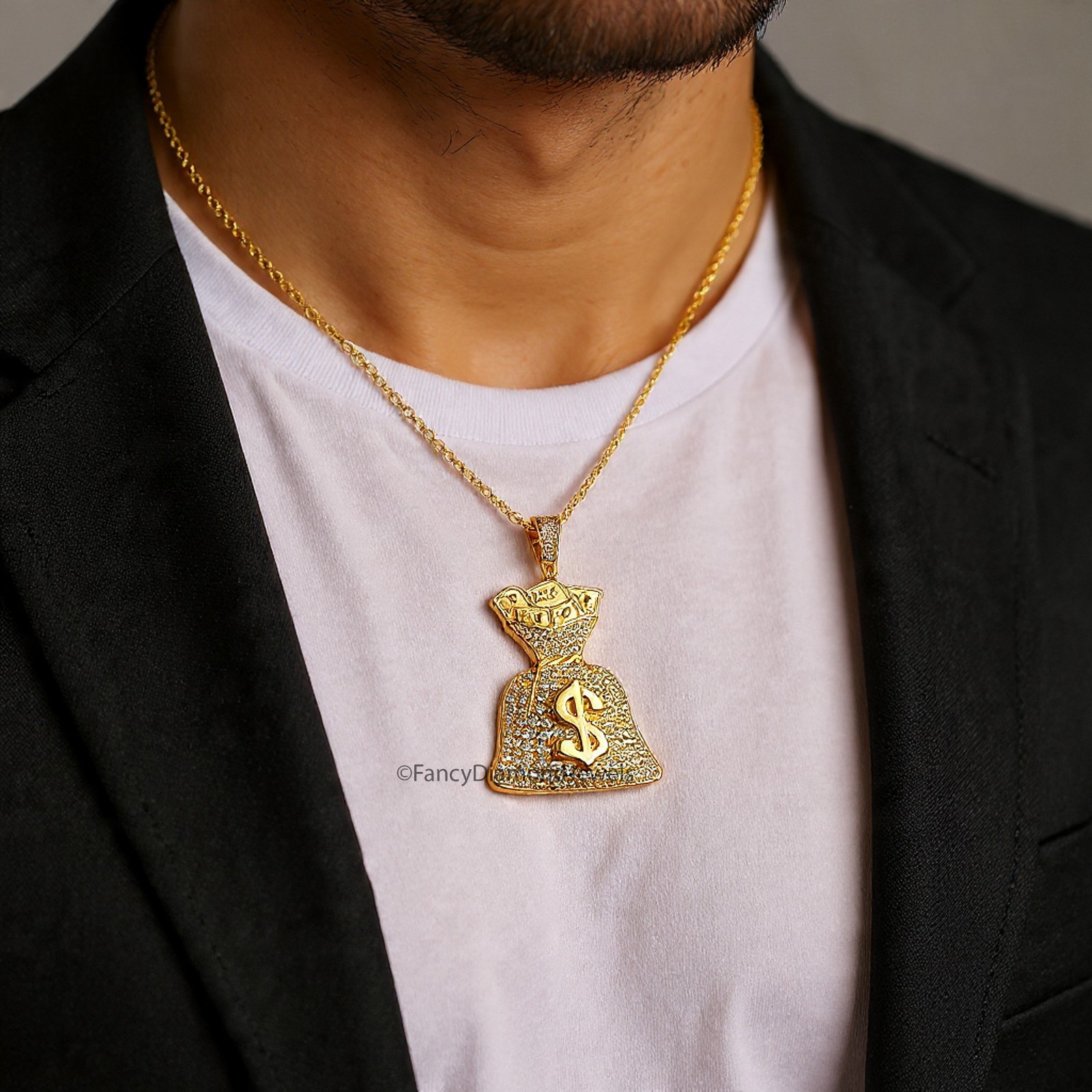 Iced Dollar Money Bag Pendant Round Moissanite Diamond Men’s Charm Pendant FD543