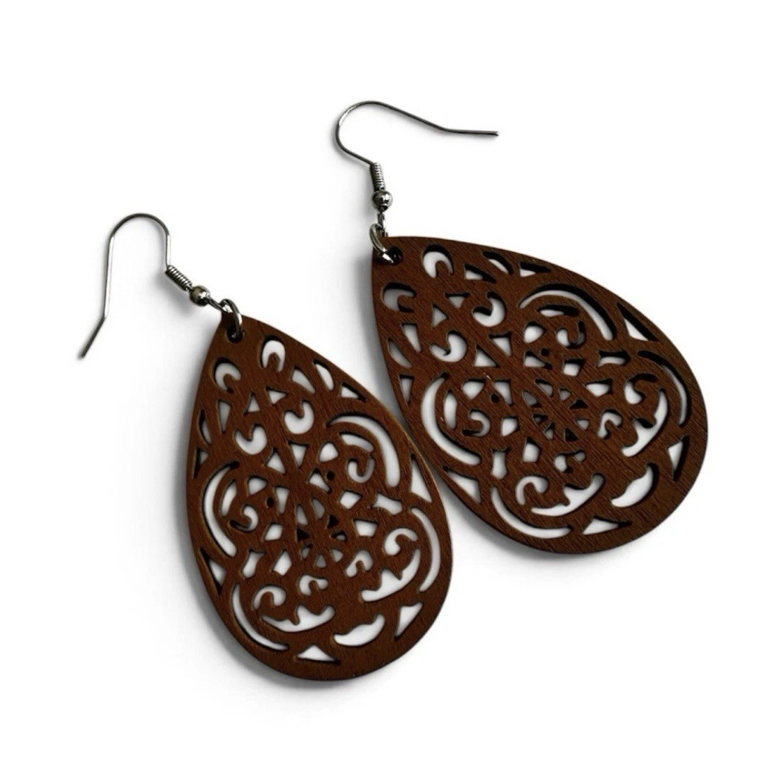 Brown Carved Wood Teardrop Dangle/Drop Hook Earrings, No Stone