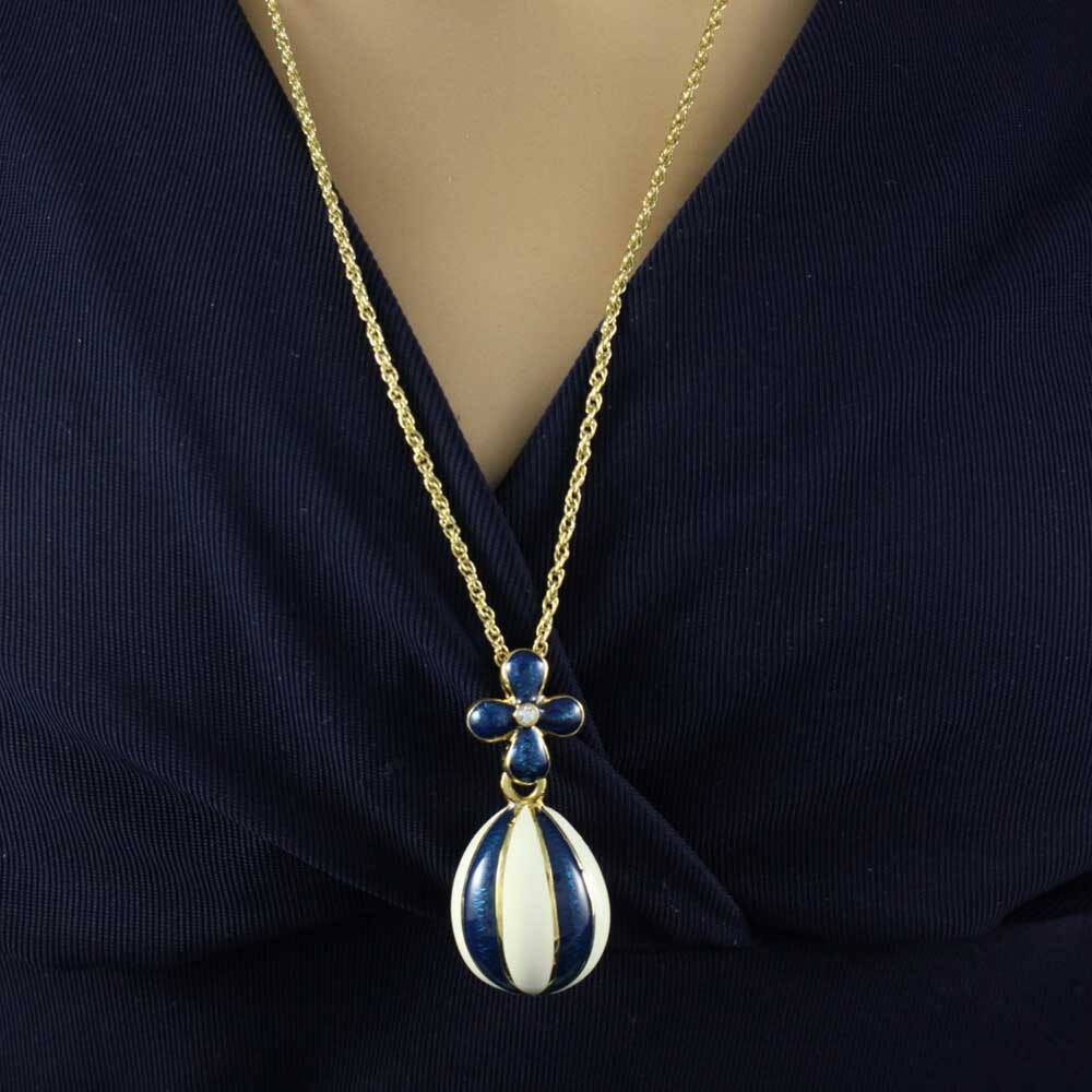 Blue and White Enamel Striped Egg Pendant on Gold Chain – PT610
