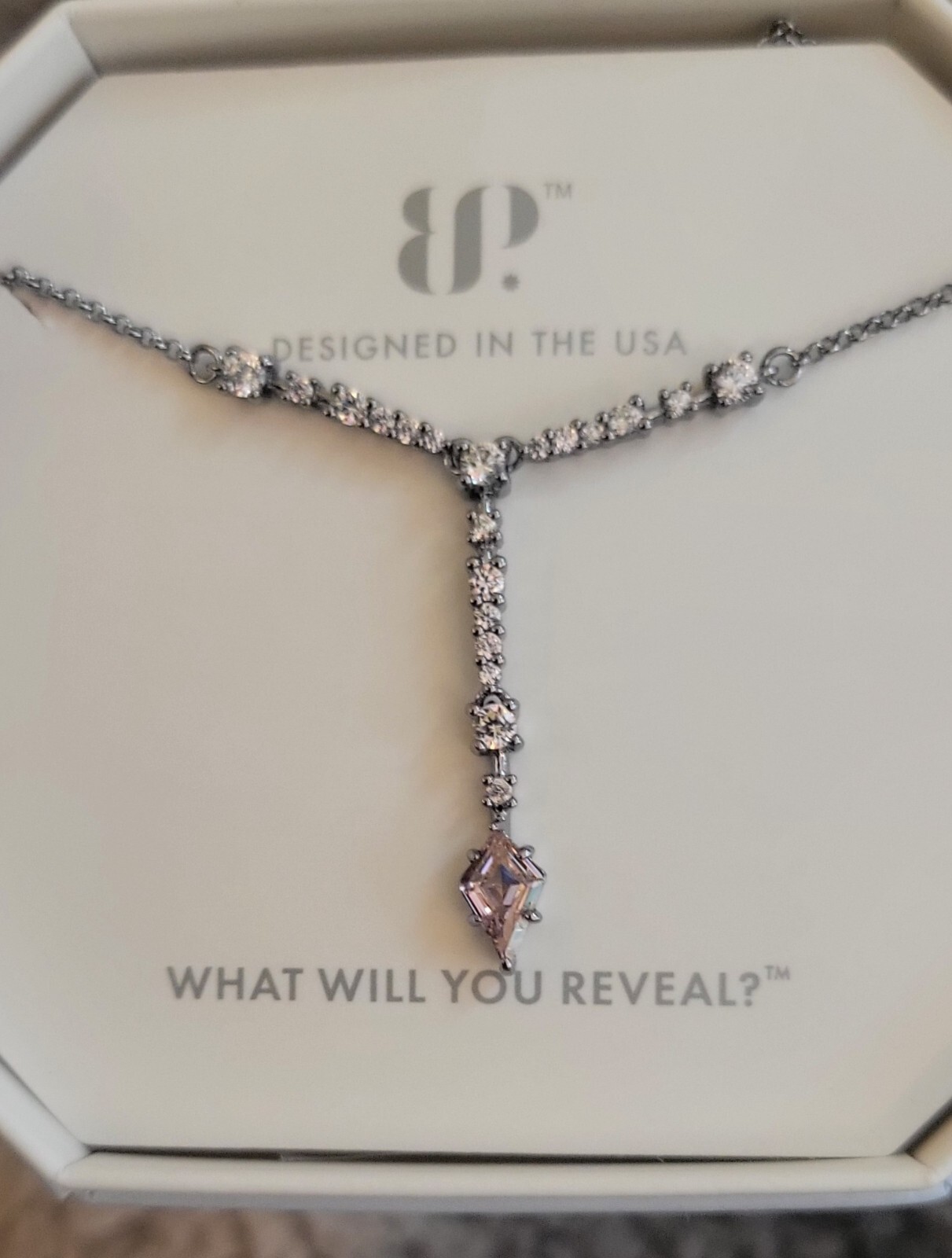 Bomb Party Necklace RBP5017 “Arrows Abound” Rose Quartz CZ on Hematite Plating
