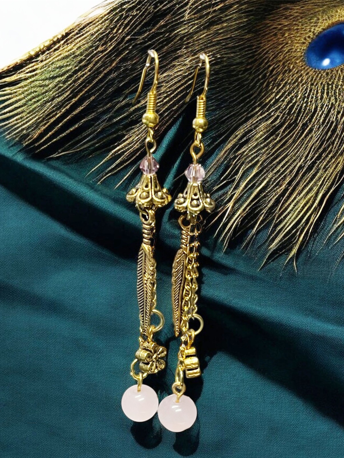 Rose Quartz with Charms Brass Color Earrings Handmade Dangle Jewelry