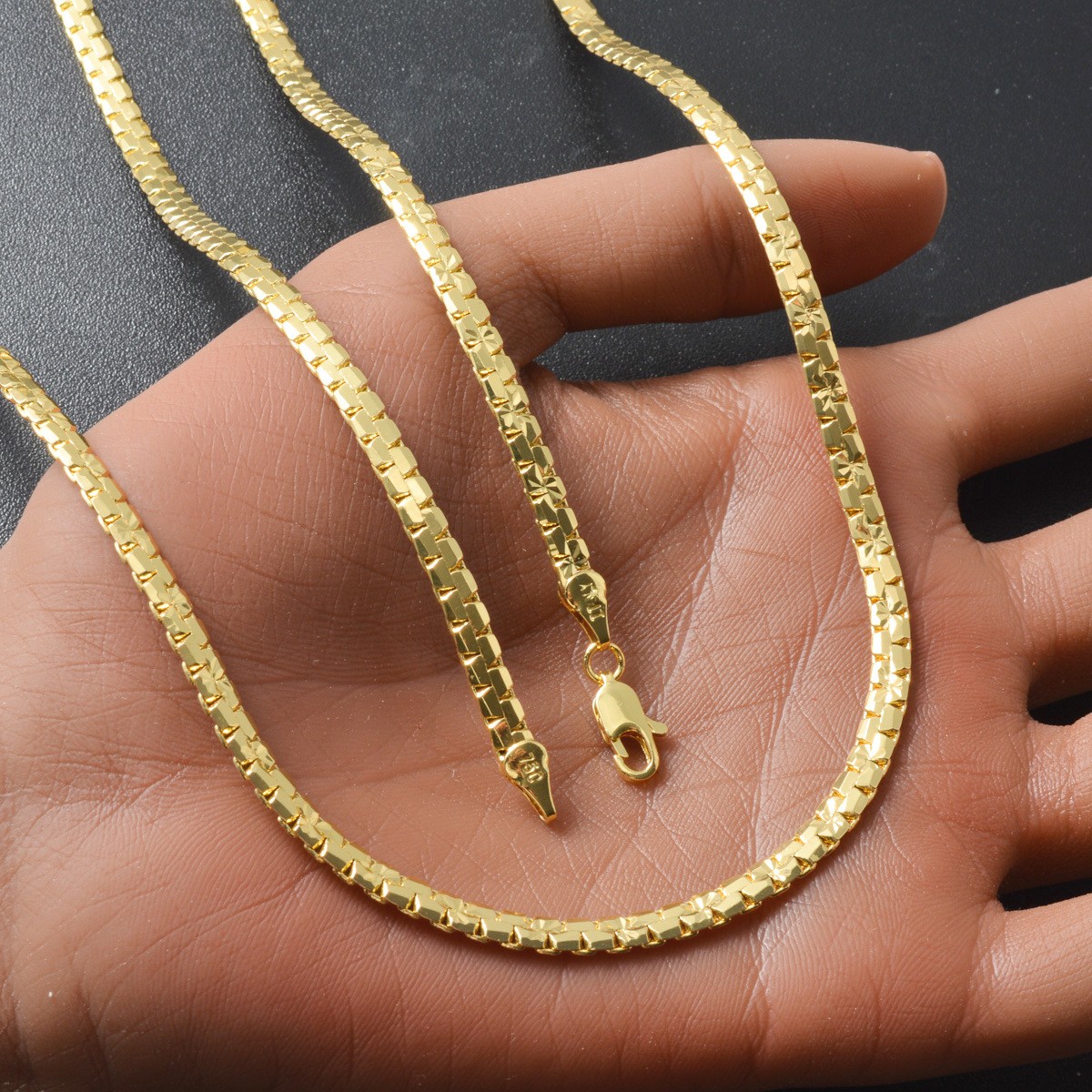18K Gold Italian Flat Chain Necklace Super Shiny Unisex Stackable Jewelry 4mm