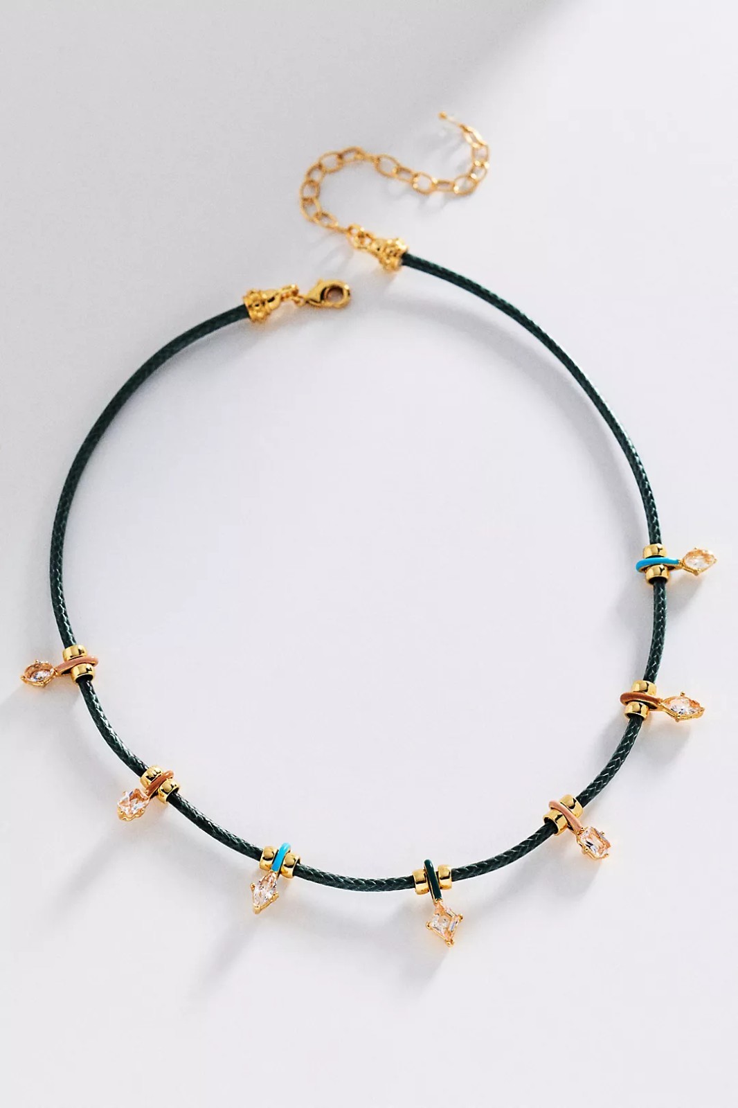 ANTHROPOLOGIE GREY CRYSTAL CHARM CORD NECKLACE 16″ +3″ EXTENSION NWT MSRP $54