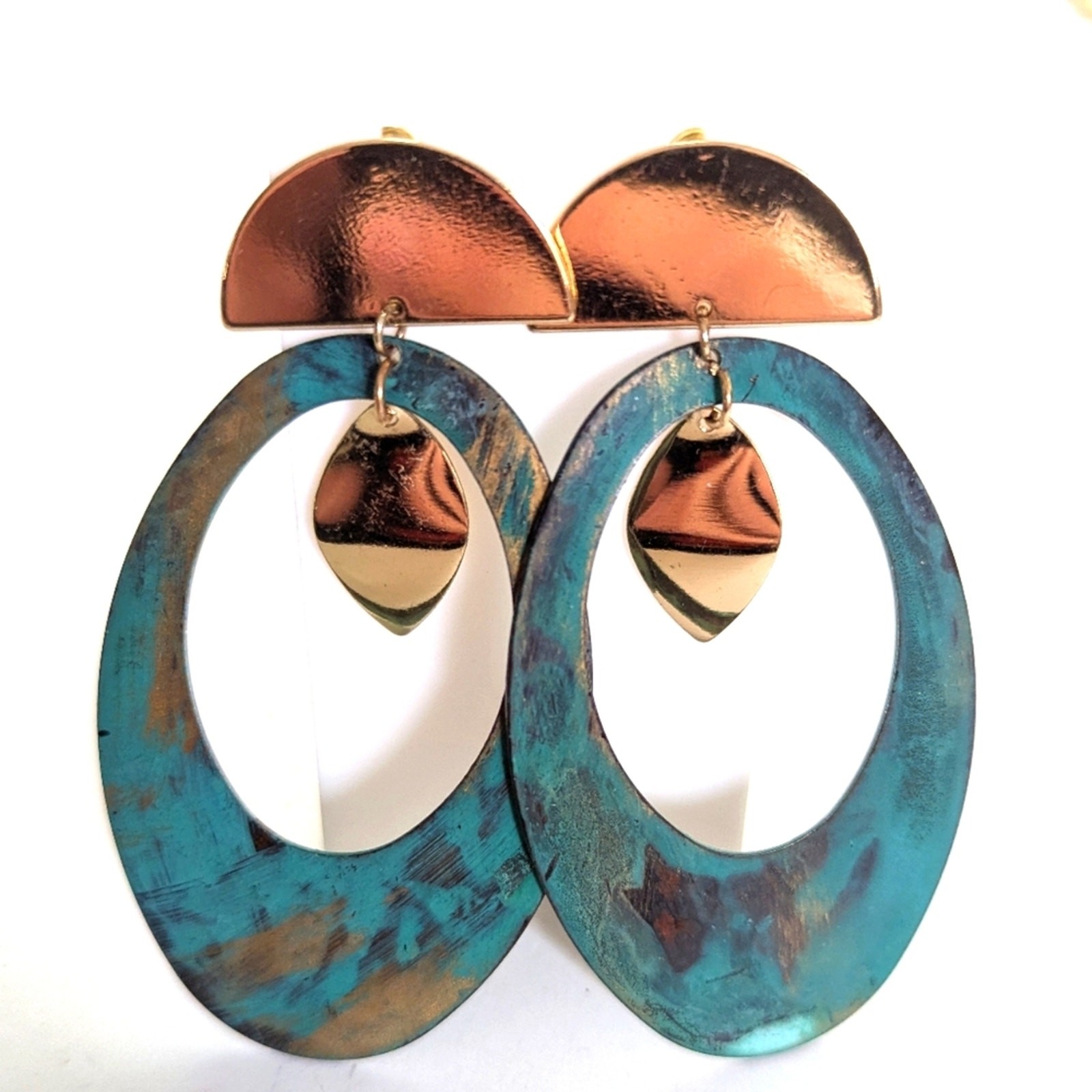 Bohemian Style Oxidized Patina Large Statement Dangle Art To Wear Post Earrings