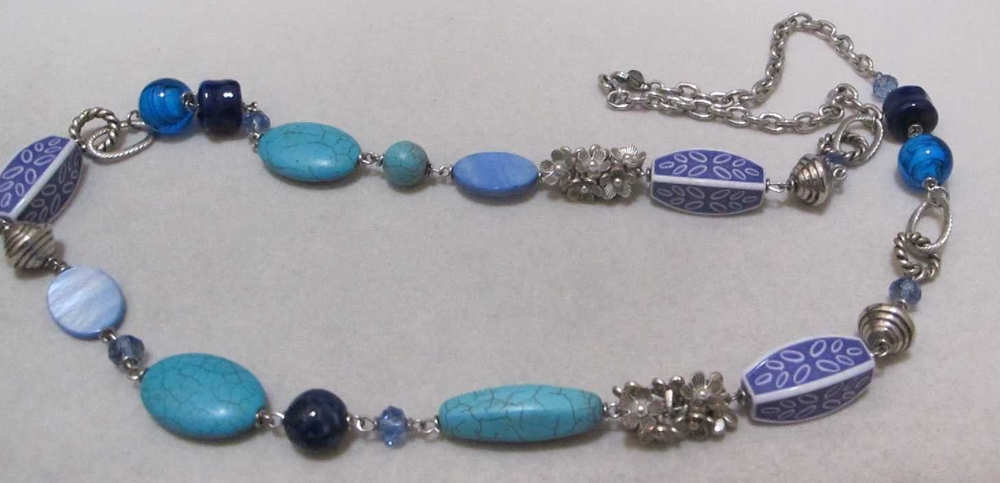 PREMIER DESIGNS “Blue Lagoon” Silver Tone Howlite, Acrylic, Glass 36” Necklace