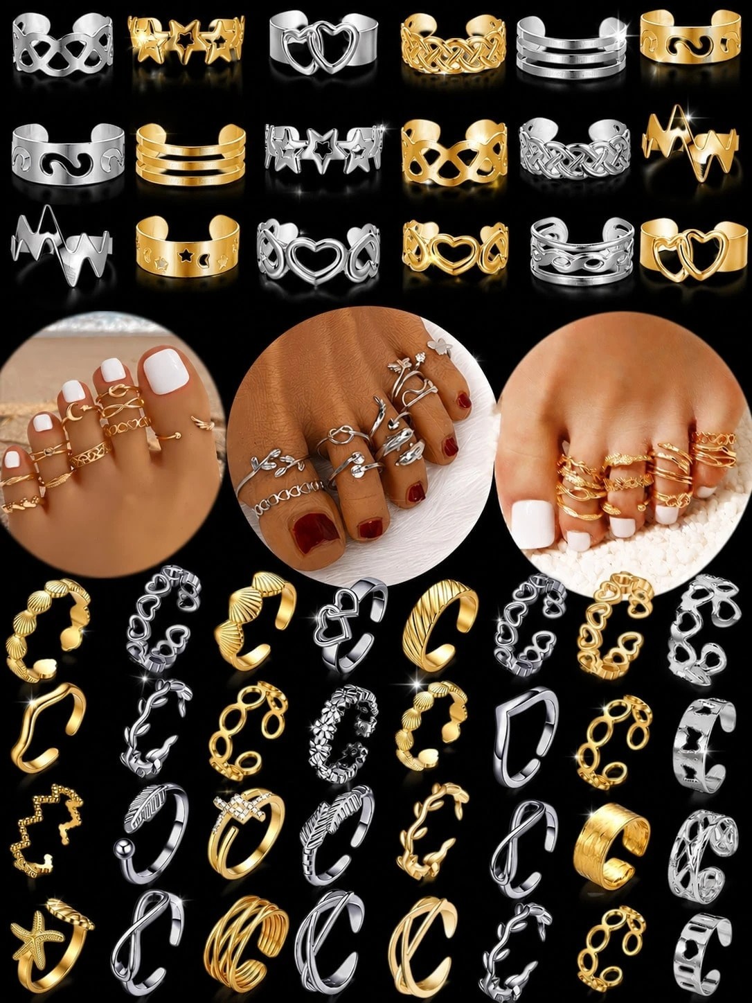 55pcs Adjustable Toe Rings Women Silver Gold Open Ring Beach Foot Jewelry Set US