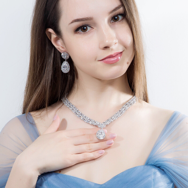 18k Gold CZ Snowflake Earrings Necklace for Brides Wedding Costume Jewelry Set