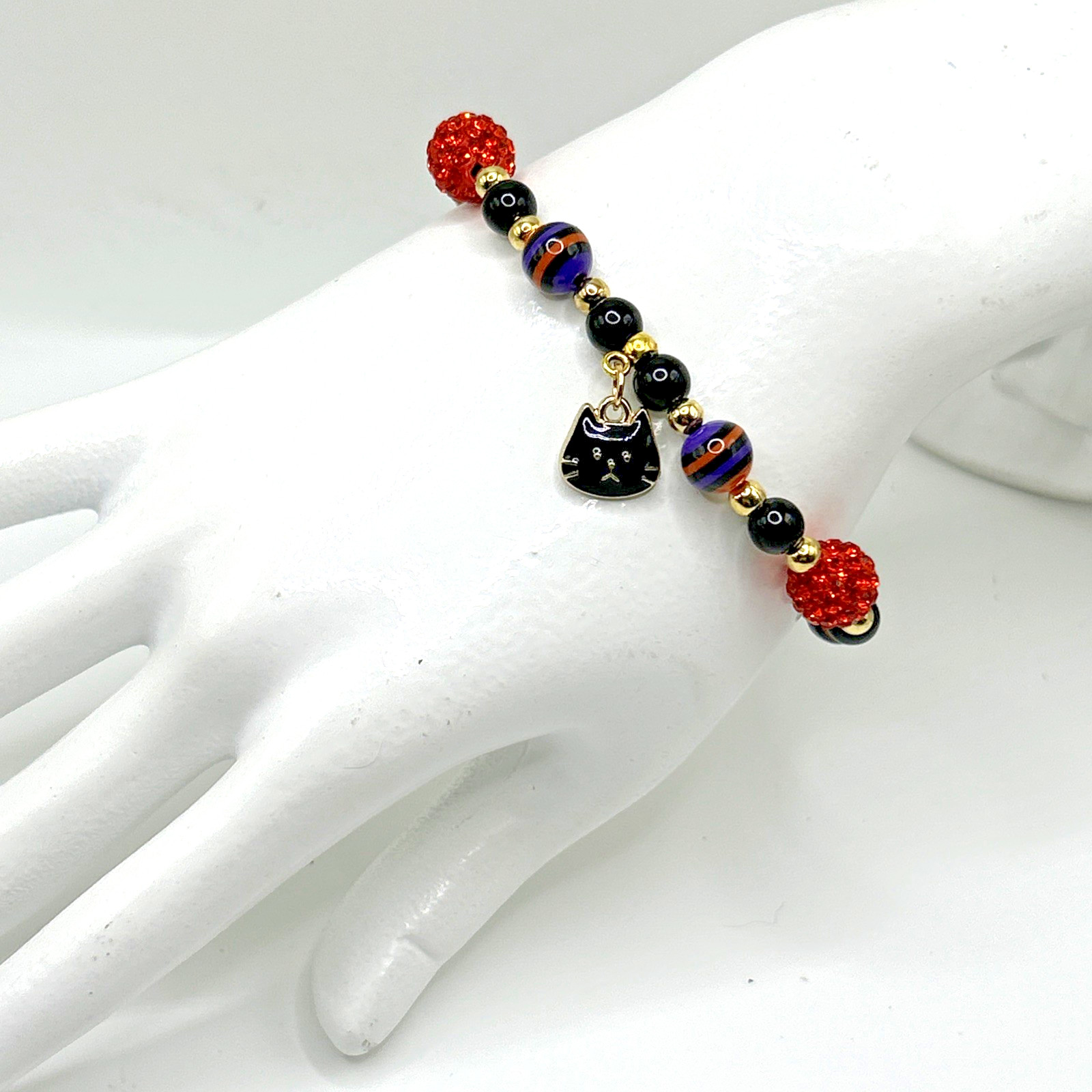 Halloween Black Cat Charm Beaded Stretch Bracelet- 7.25″ w Orange Rhinestones
