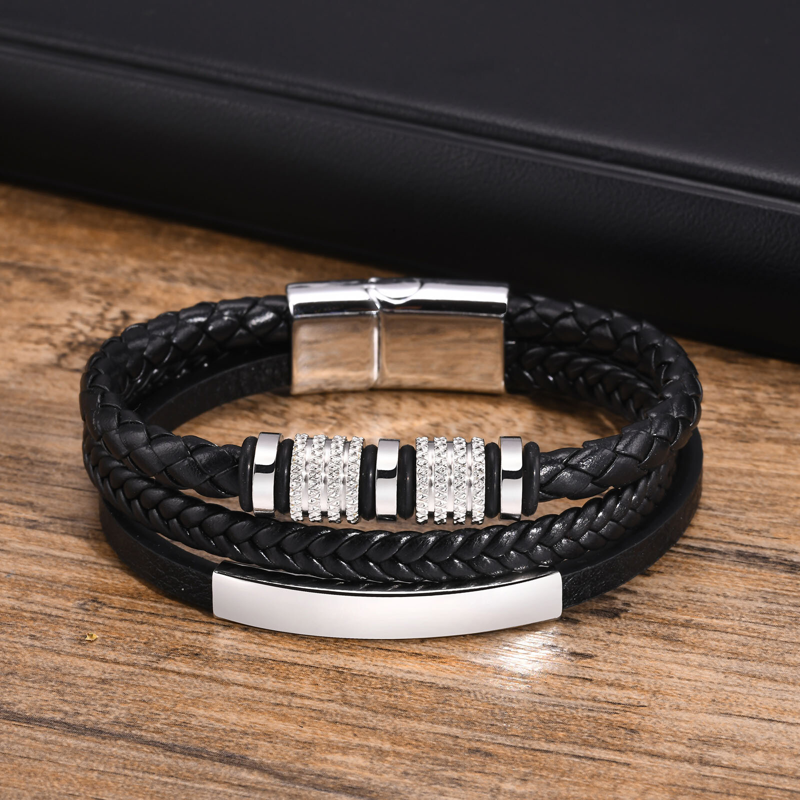 Custom PU Leather Bracelets for Men Boy,Stainless Steel Personalized Bangle