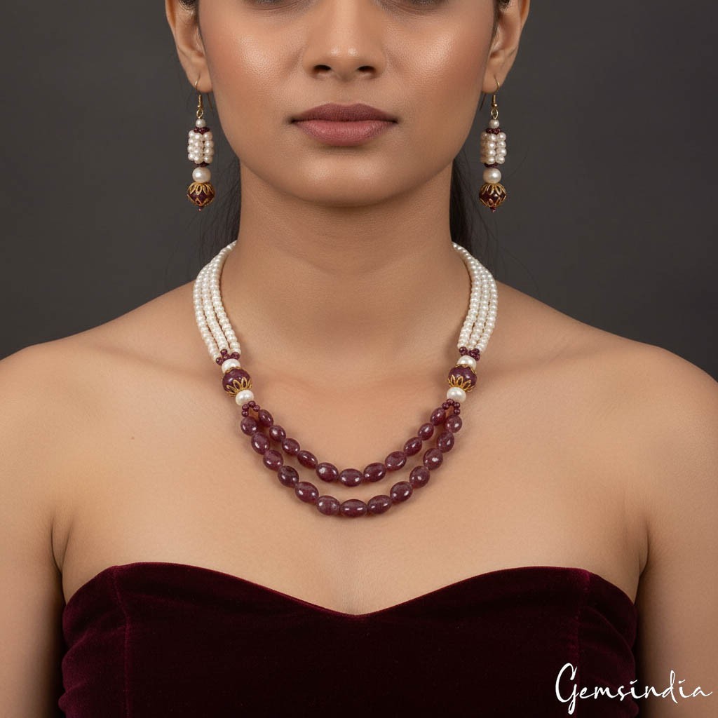 Handmade Natural Ruby Pearl Round Cabochon Gemstone Beaded Necklace Earrings~22″