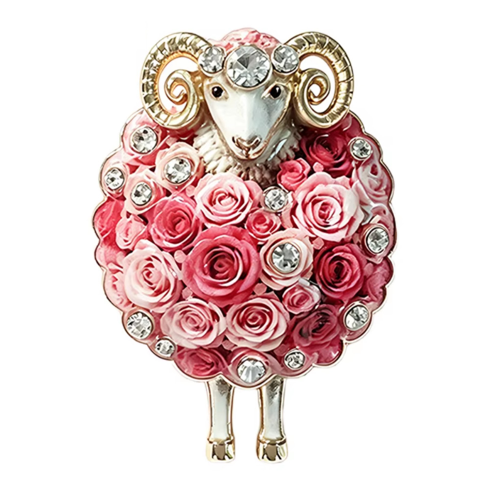 Luxury Pink Rose Flower Ram Brooch Pin Crystal Gold Sheep Animal Jewelry Gift