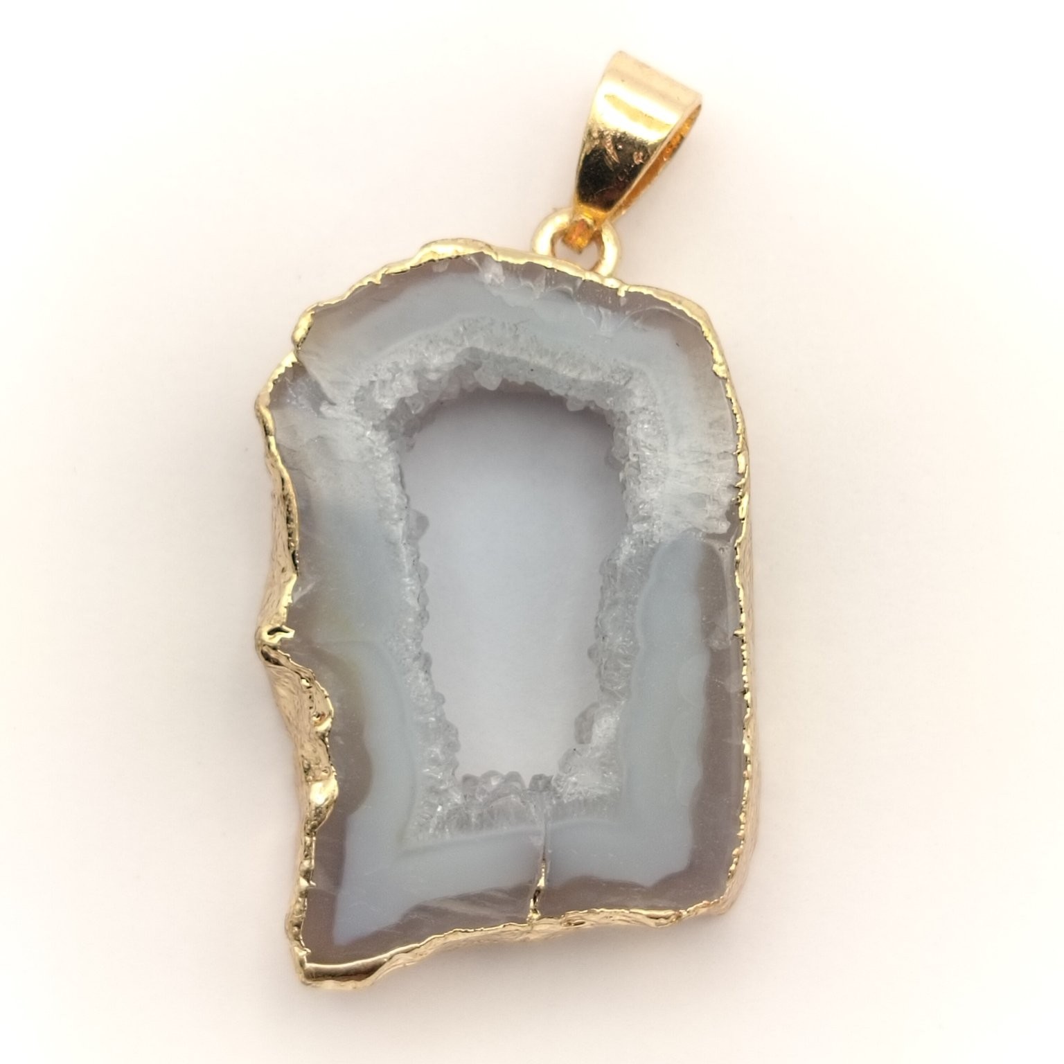 Natural Grey Agate Geode Slice Pendant Gold Electroplated Drusy Crystal Necklace