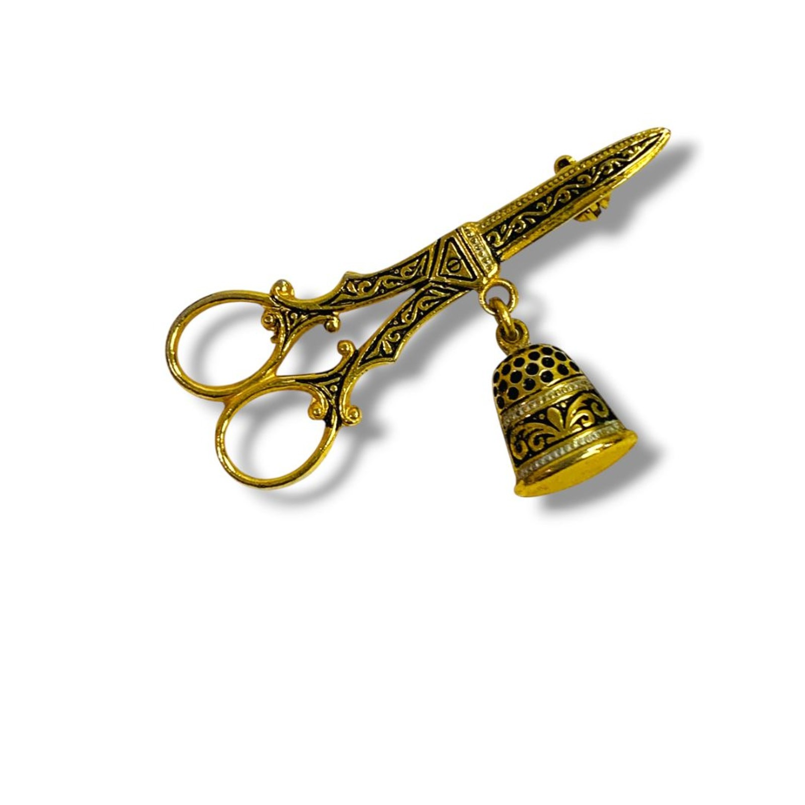 Thimble Pair of Scissors Damascene Spain Vintage Toledo Gold Brooch Pin Spain
