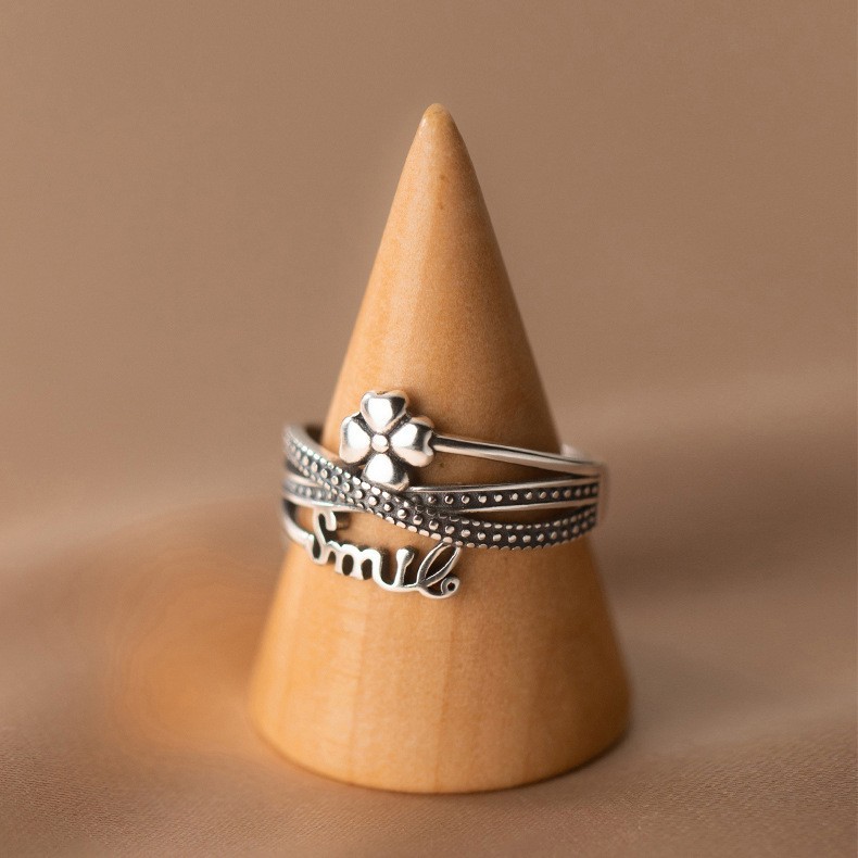 Lucky Four Leaf Clover Letter Cross Ring Women’s Fashionable Retro Open Ring