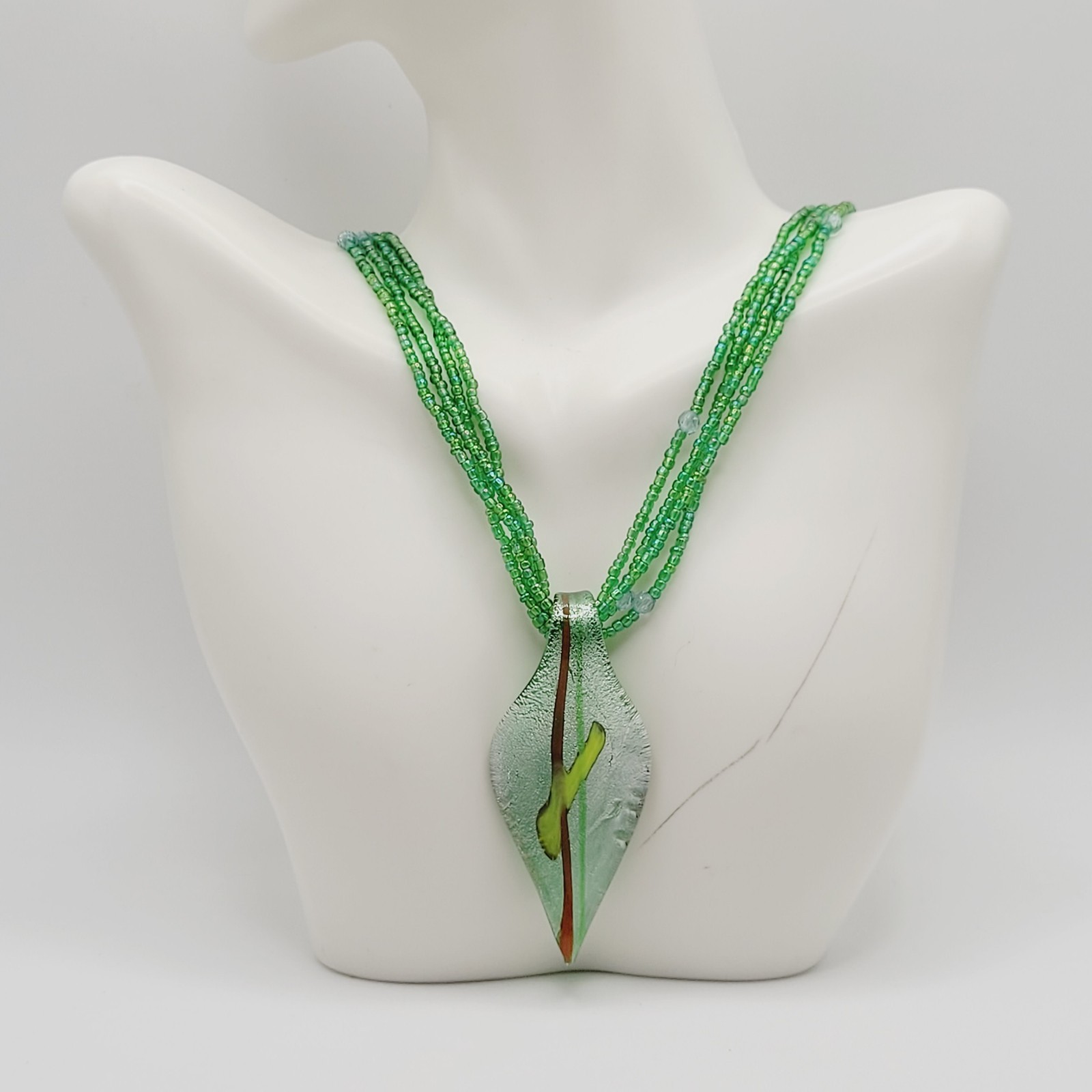 Green Art Glass Pendant Iridescent Seed Bead Multi Strand Necklace Vtg Y2K Era