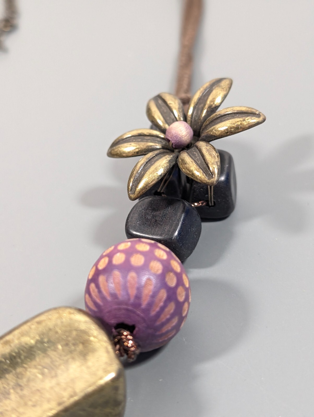 Boho Purple Bronze Tone Flower Beaded Filigree Ball Wood Cord Necklace 23 in