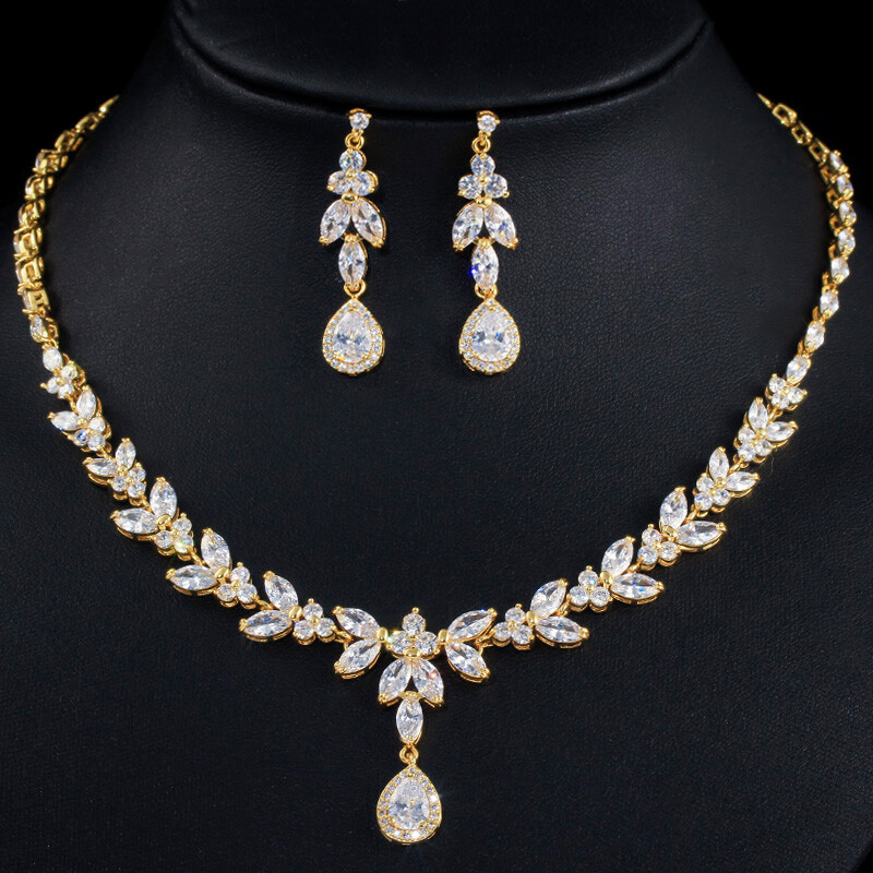 CWWZircons Luxury Leaf Silver Plated Cubic Zirconia Wedding Necklace Jewelry Set