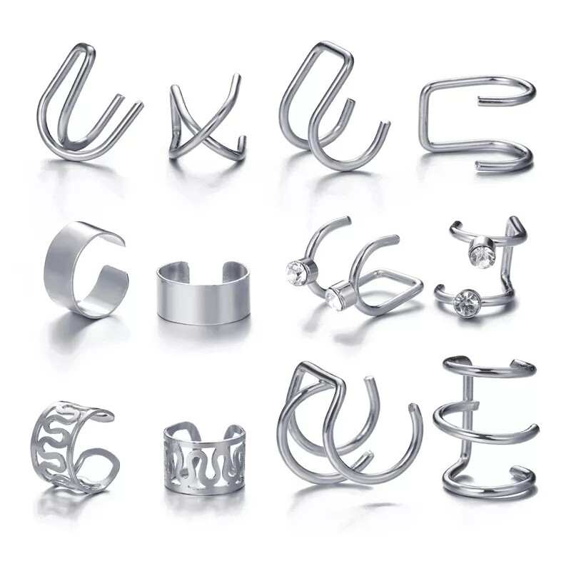 12 pcs/set Ear Cuff Women Cartilage Earrings Non-Piercing Ear Clips Crystal Clip