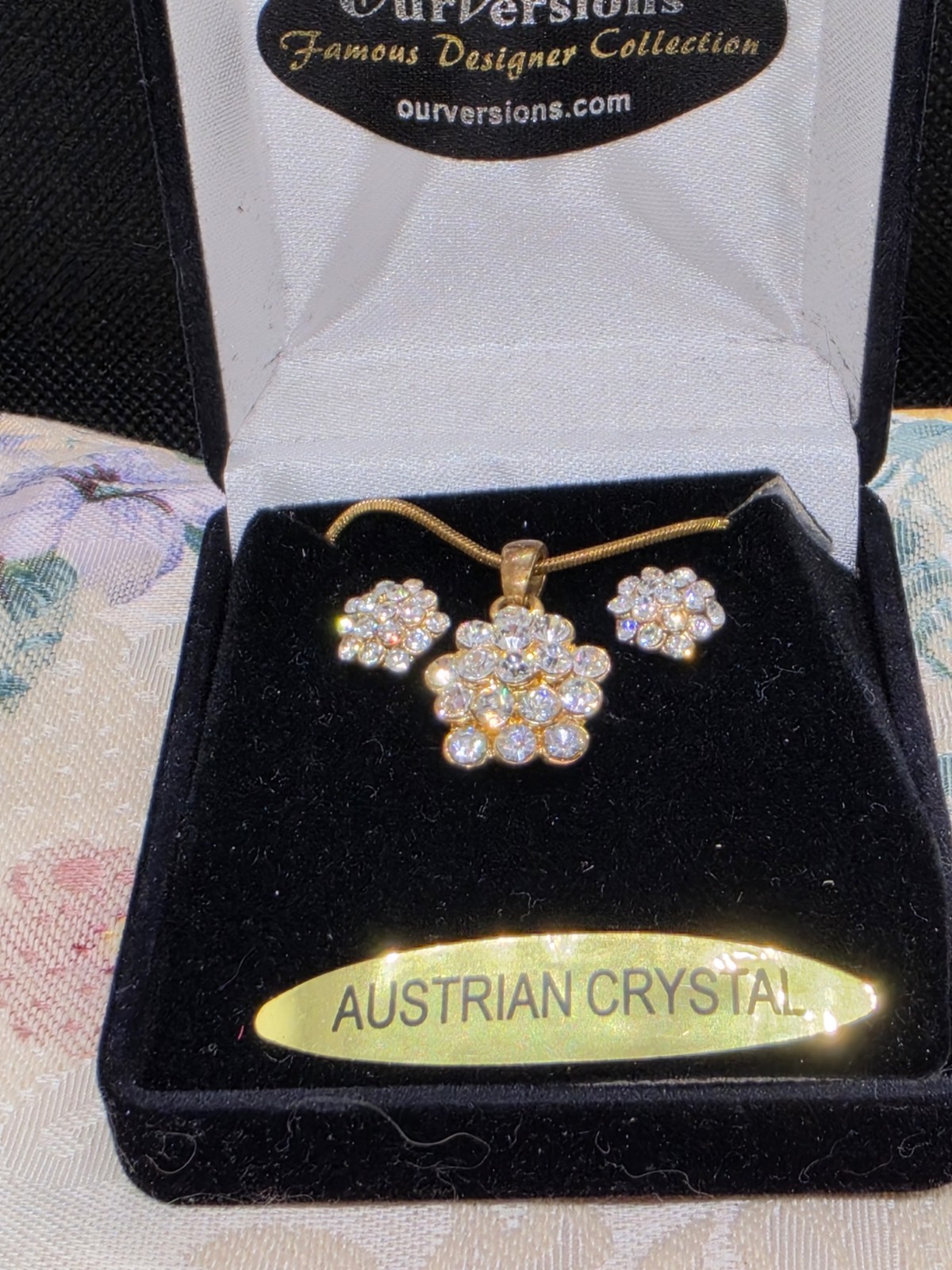 NIB Austrian Crystal Pierced Earrings and 18 Gold Tone Necklace Set In Gift Box