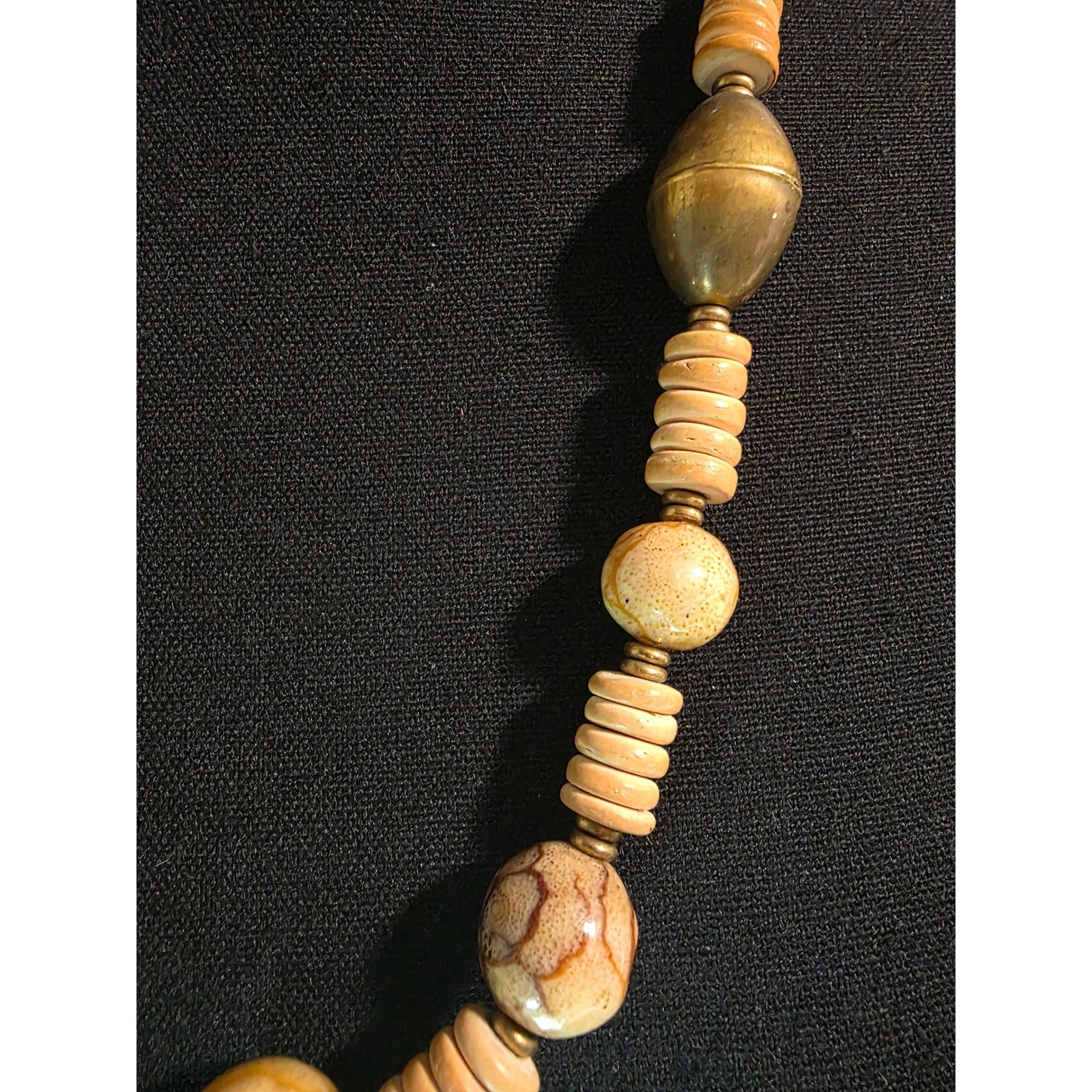 Boho Chunky Picture Jasper Bead Wooden Disc Brass Statement Necklace Bohemian