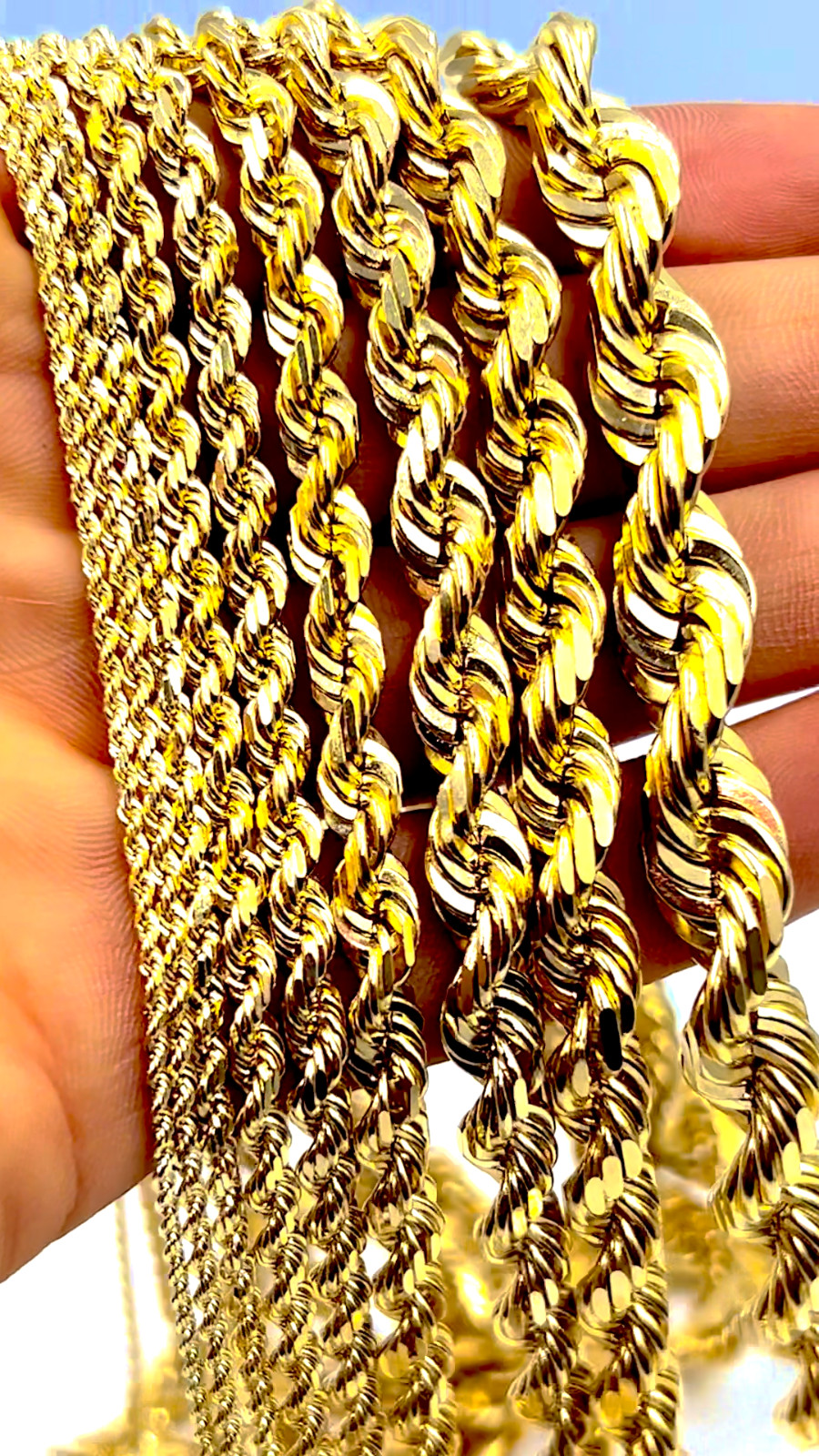 14K Yellow Gold Solid Rope Chain Necklace Diamond Cut Real Gold 1mm-12mm 16″-30″