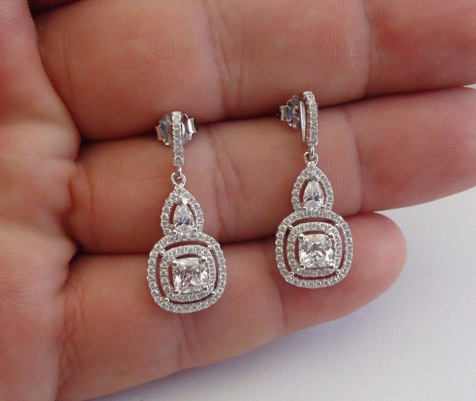 925 STERLING SILVER CLEAR TEARDROP SQUARE DANGLING EARRINGS W/ 4 CT LAB STONES