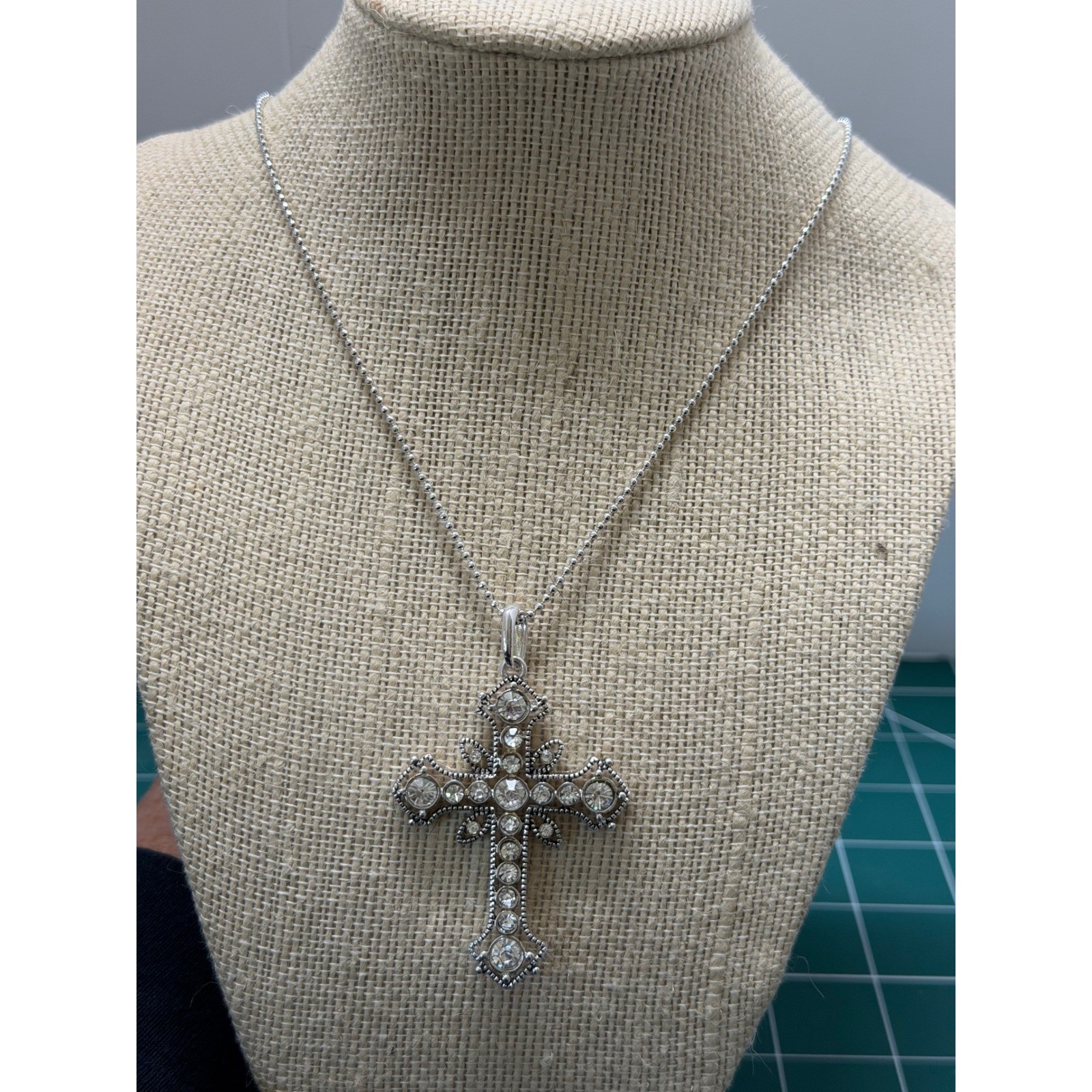 Silver Tone Rhinestone Gothic Cross Pendant Necklace Ball Chain Adjustable 21in