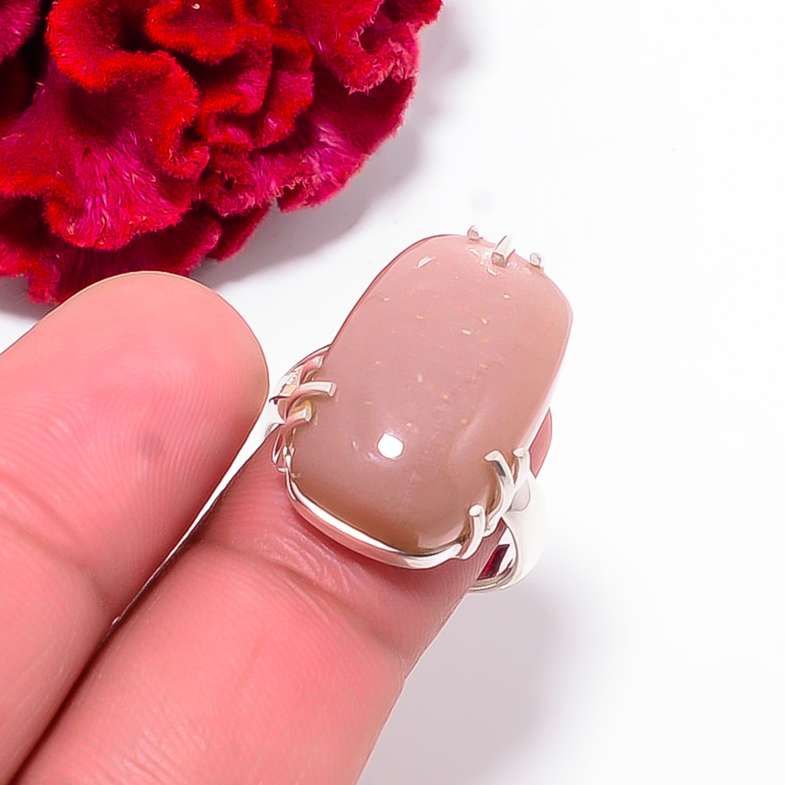 Peach Moonstone – Sri Lanka Gemstone 925 Sterling Silver Ring S.8 R102522