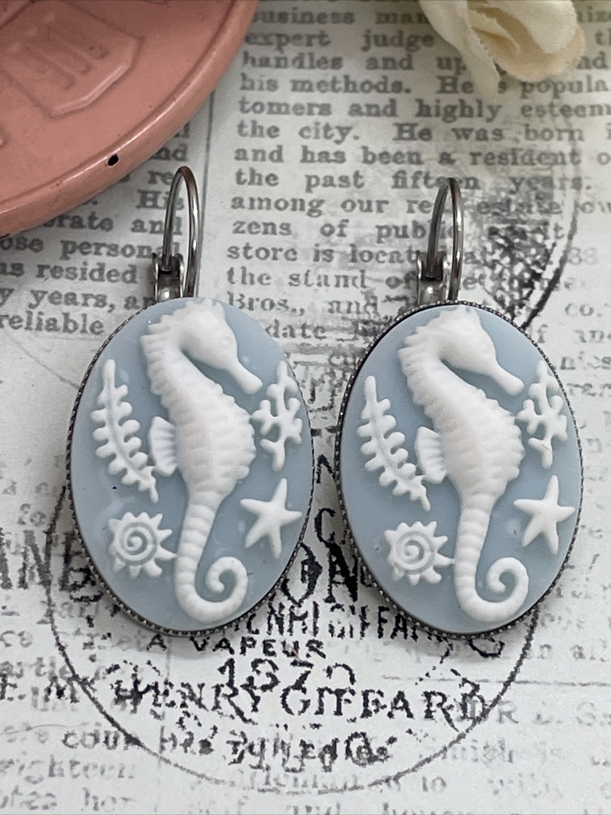 Seahorse Blue Silver Wedding Gift Anniversary Earrings Cameo Birthday Sea Life