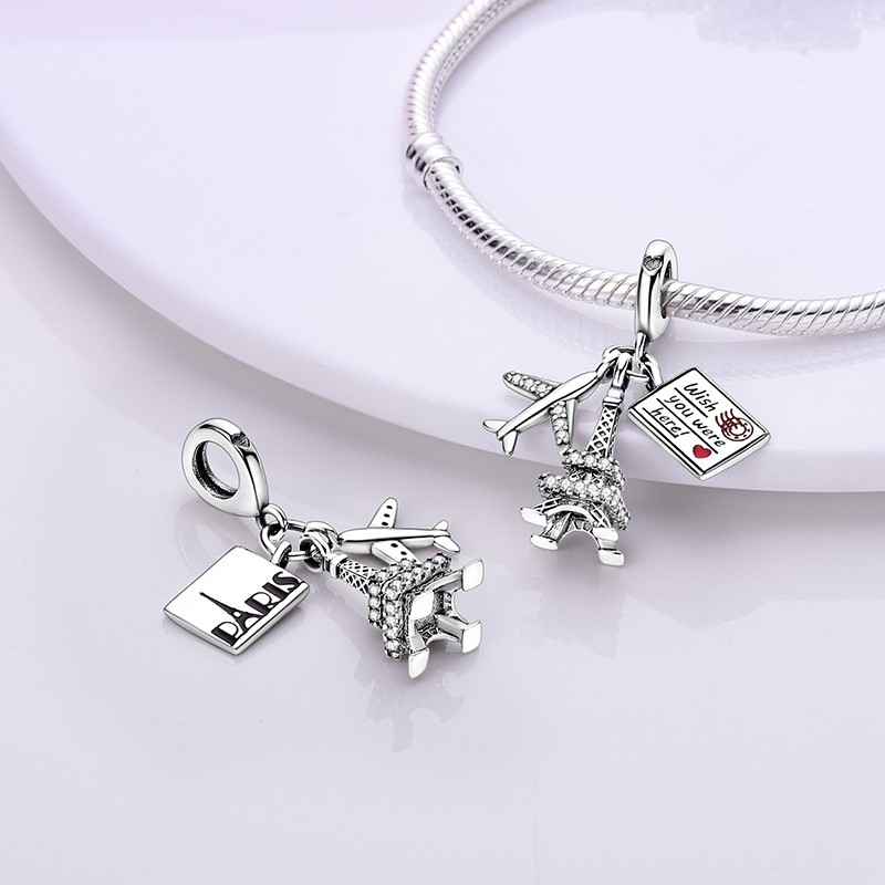 MULA Original 925 Sterling Silver Airplane Eiffel Tower Charm CZ Fit Bracelet