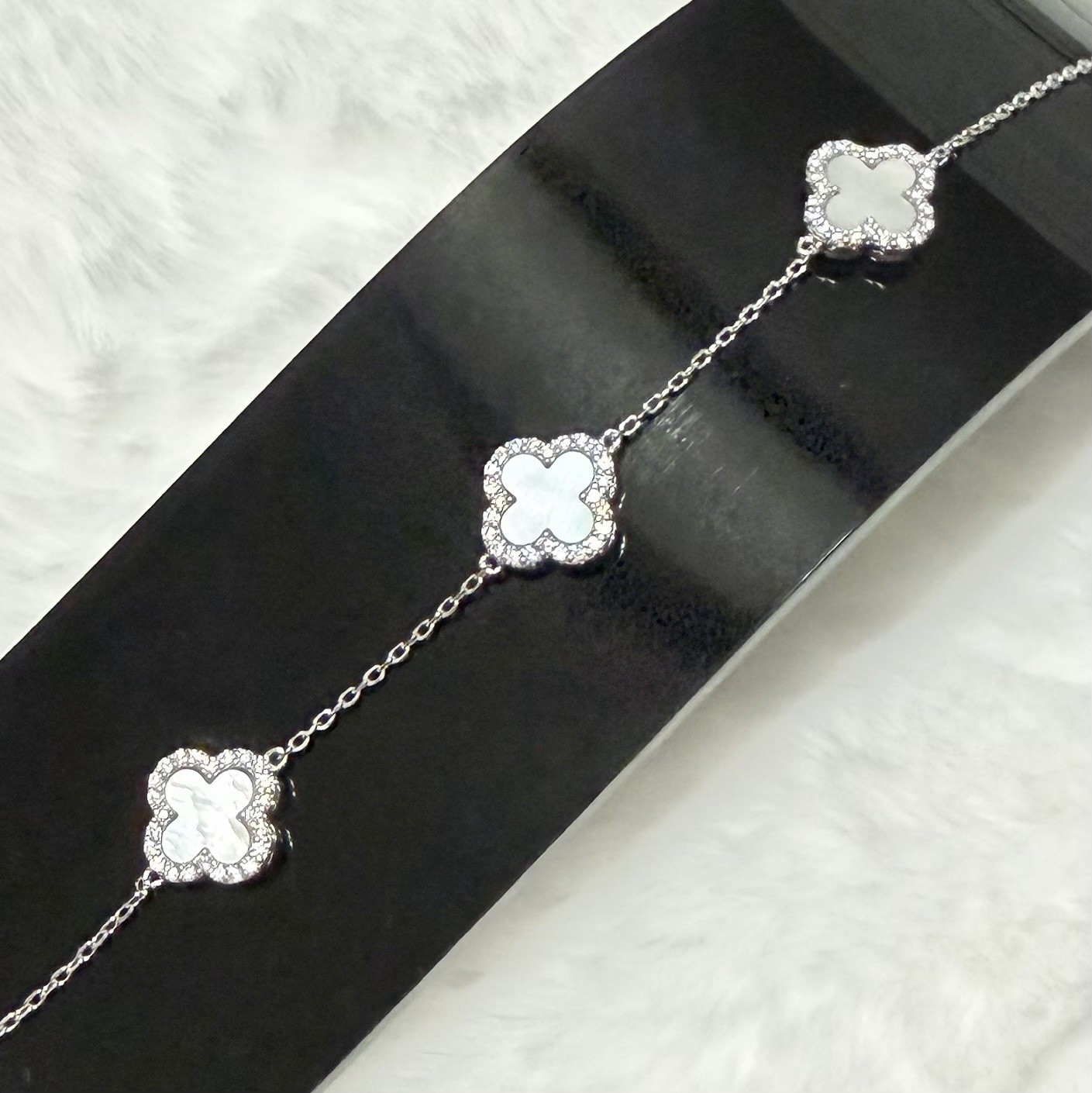 Silver Tone Clover Mother of Pearl Cable Chain Bracelet with Pavé Crystals