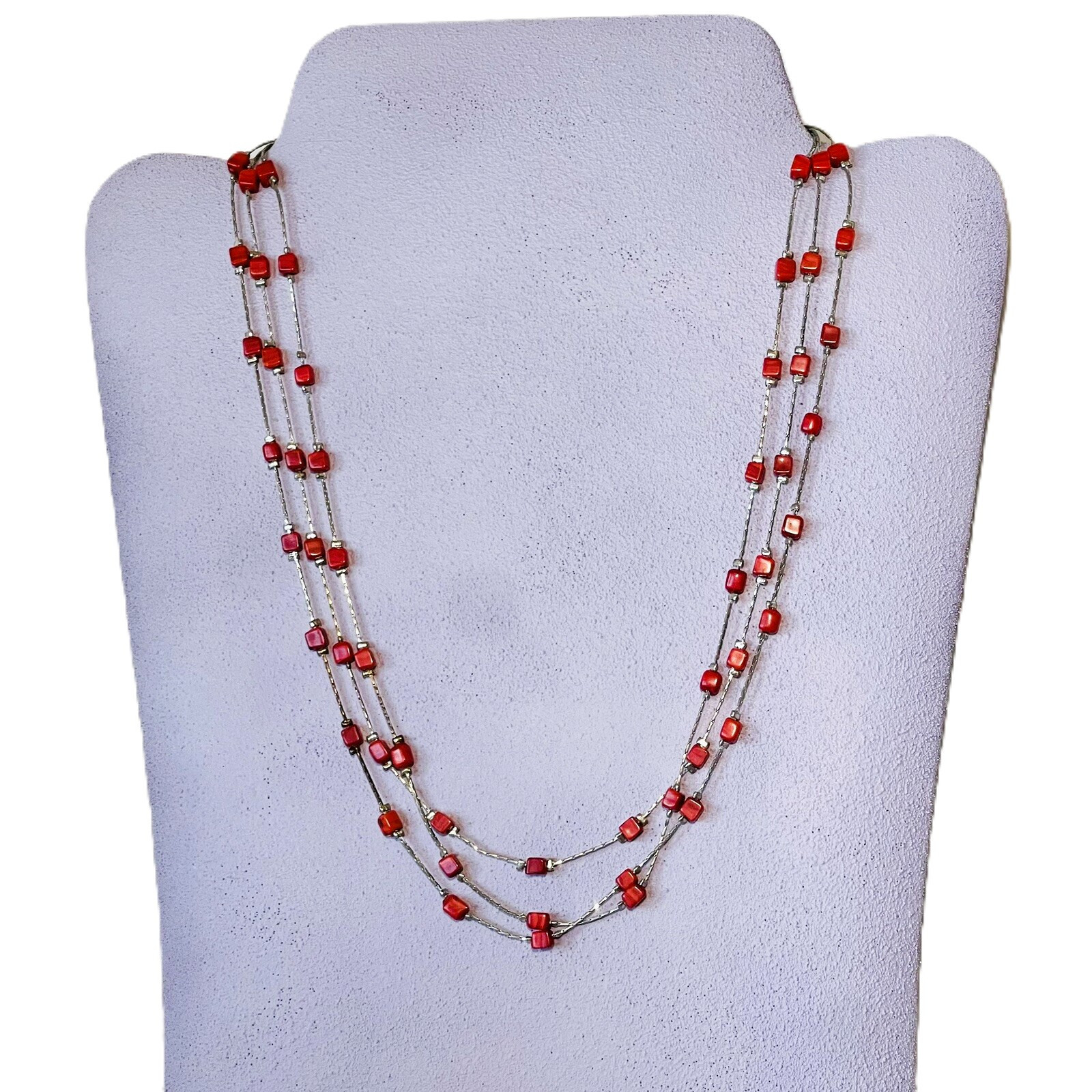 ZAD Beaded Multi Strand Red Stone Silver Tone 16″ Necklace 2.5″ Extension