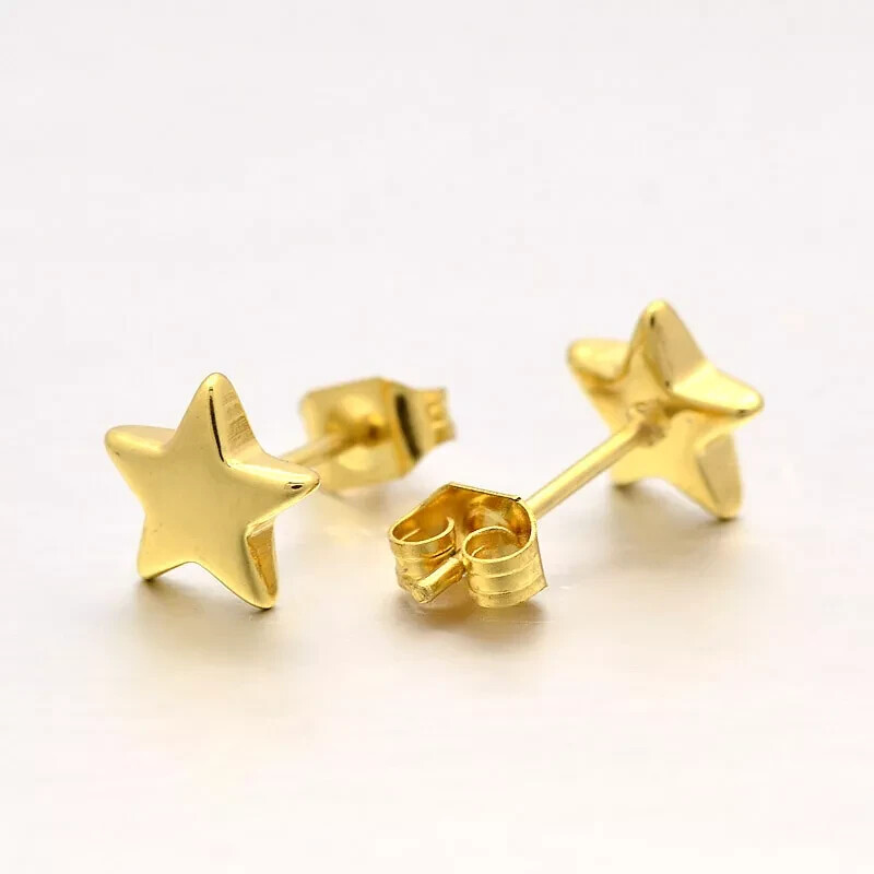 Gold Star Moon Earrings Stud Post Celestial Stainless Steel Hypoallergenic PE43