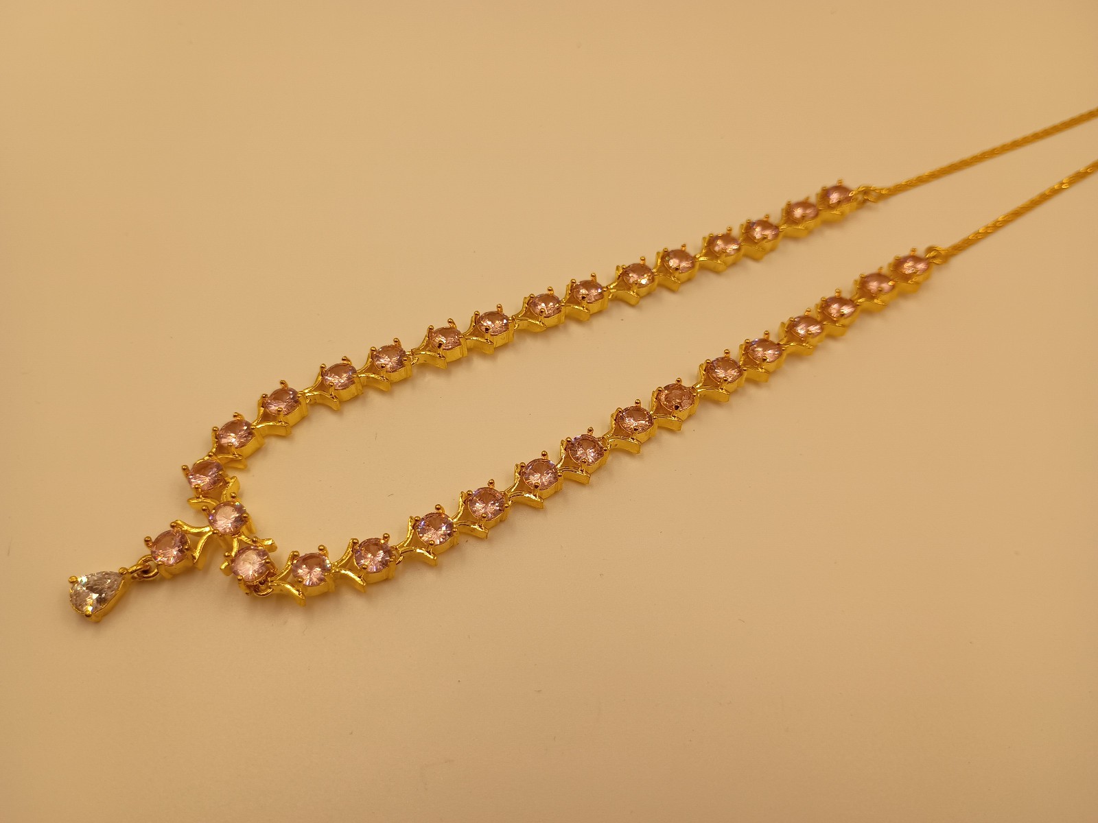 22K Gold Plated Pink Morganite Choker Set Handmade Round Crystal Party Necklace