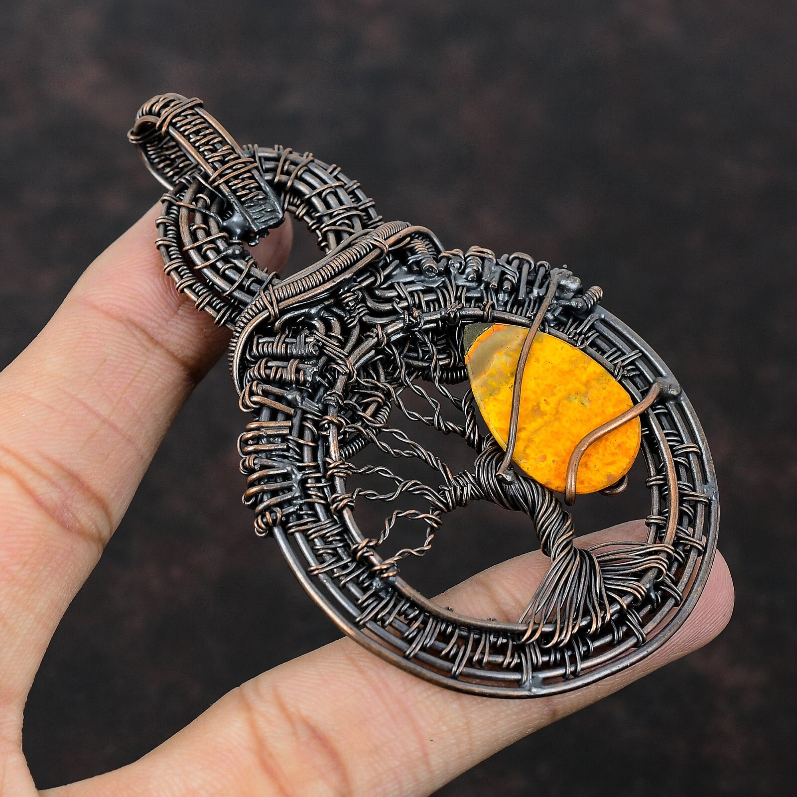 Gift For Her Copper Bumble Bee Jasper Wire Wrapped Tree Of Life Pendant 3.5″