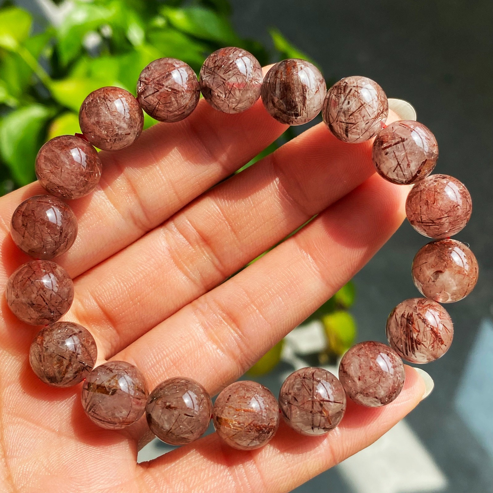11.3mm Natural Red Rutilated Quartz Crystal Beads Bracelet 2917