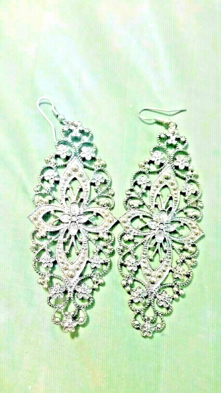 Beautiful LONG Hanging Metal Earrings Teardrop Shape Ornamental Very Nice Shape